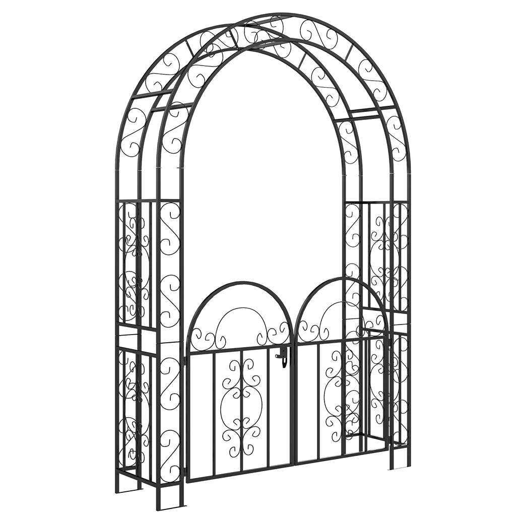 7.4ft Steel Garden Arch with Gate, Garden Arbor Trellis for Climbing Plants, Roses, Vines, Wedding Arch Stand for Outdoor, Garden, Lawn, Backyard, Black
