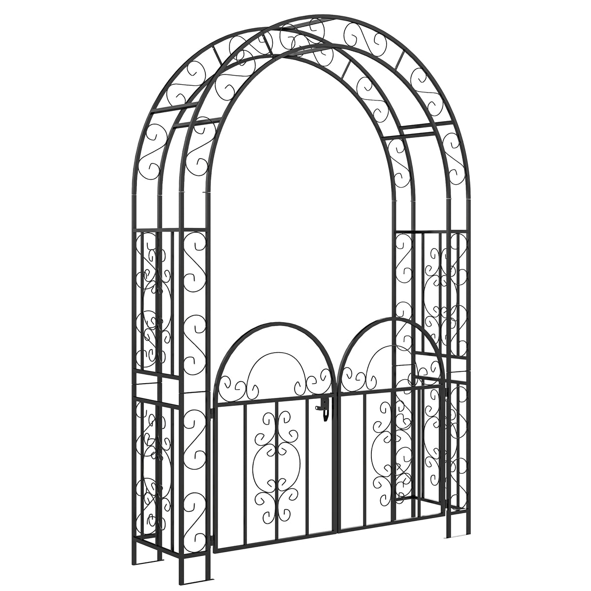 7.4ft Steel Garden Arch with Gate, Garden Arbor Trellis for Climbing Plants, Roses, Vines, Wedding Arch Stand for Outdoor, Garden, Lawn, Backyard, Black
