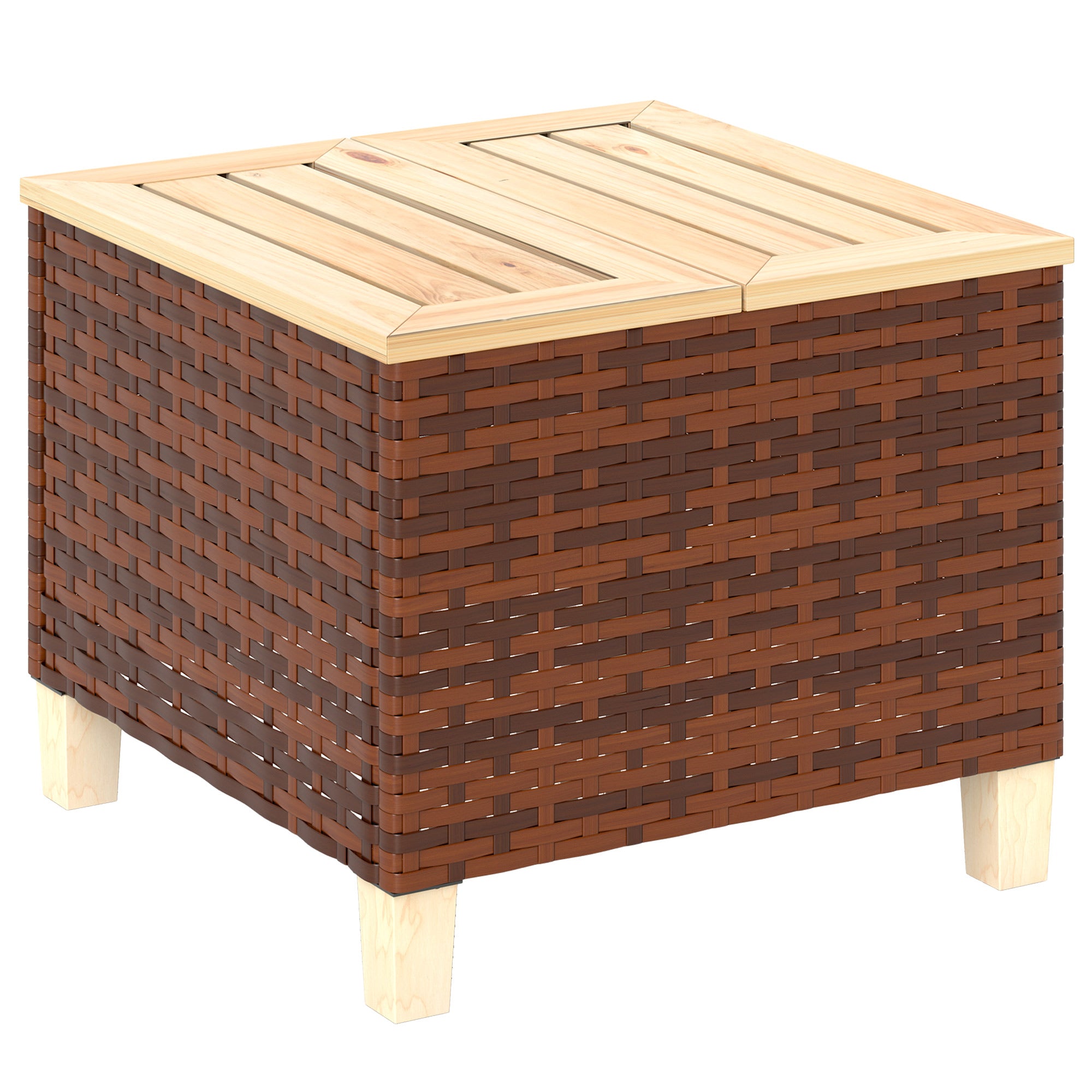 Outdoor Side Table with PE Rattan, Patio End Table with Natural Fir Wood Tabletop and Legs, Weather Resistant Accent Table for Patio Pool Porch, Brown