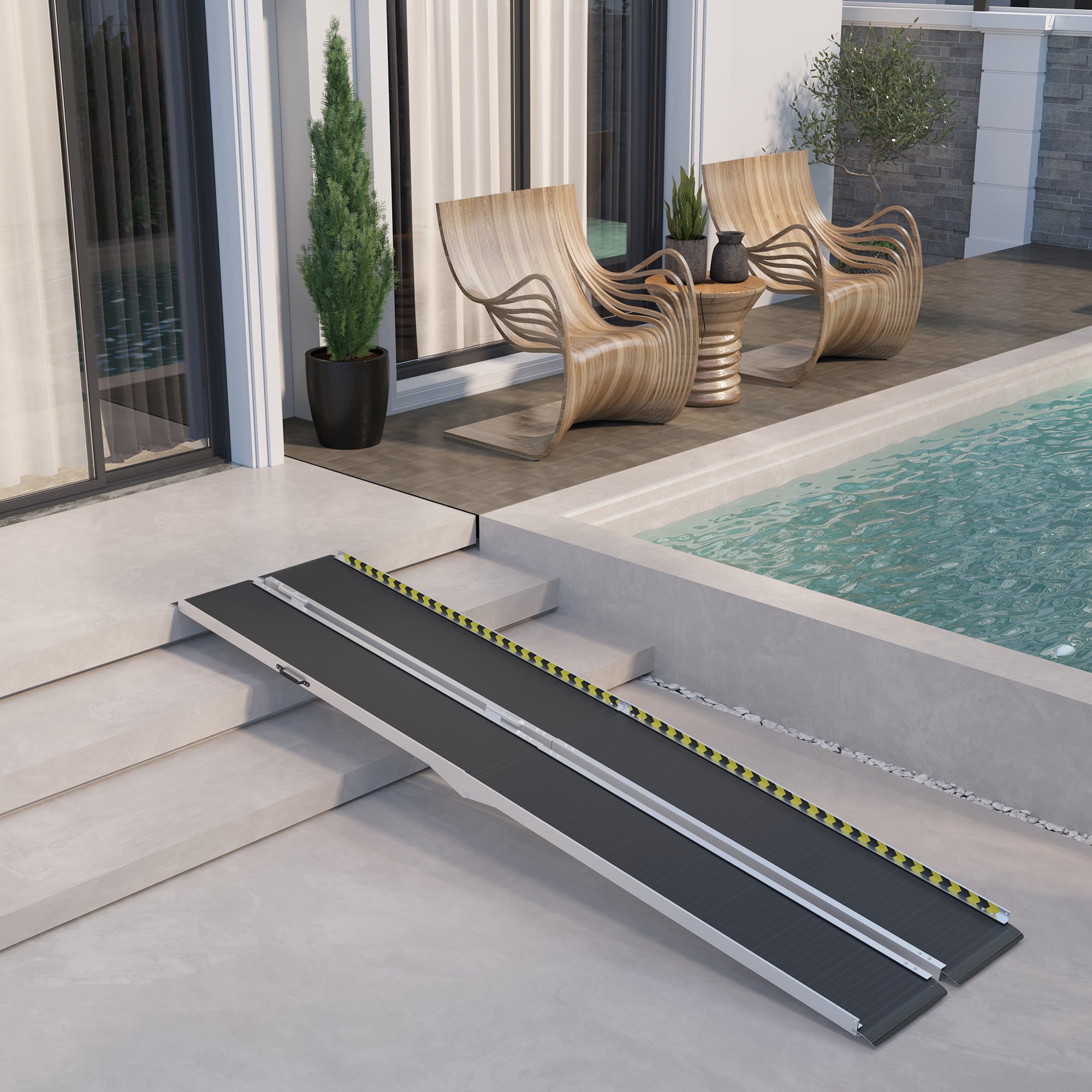 Wheelchair Ramp, 10FT Foldable Threshold Ramp, Aluminum Handicap Ramp with Non-Slip Surface, Transition Plates Above and Below for Home, Doorways, Steps, 600lbs Capacity