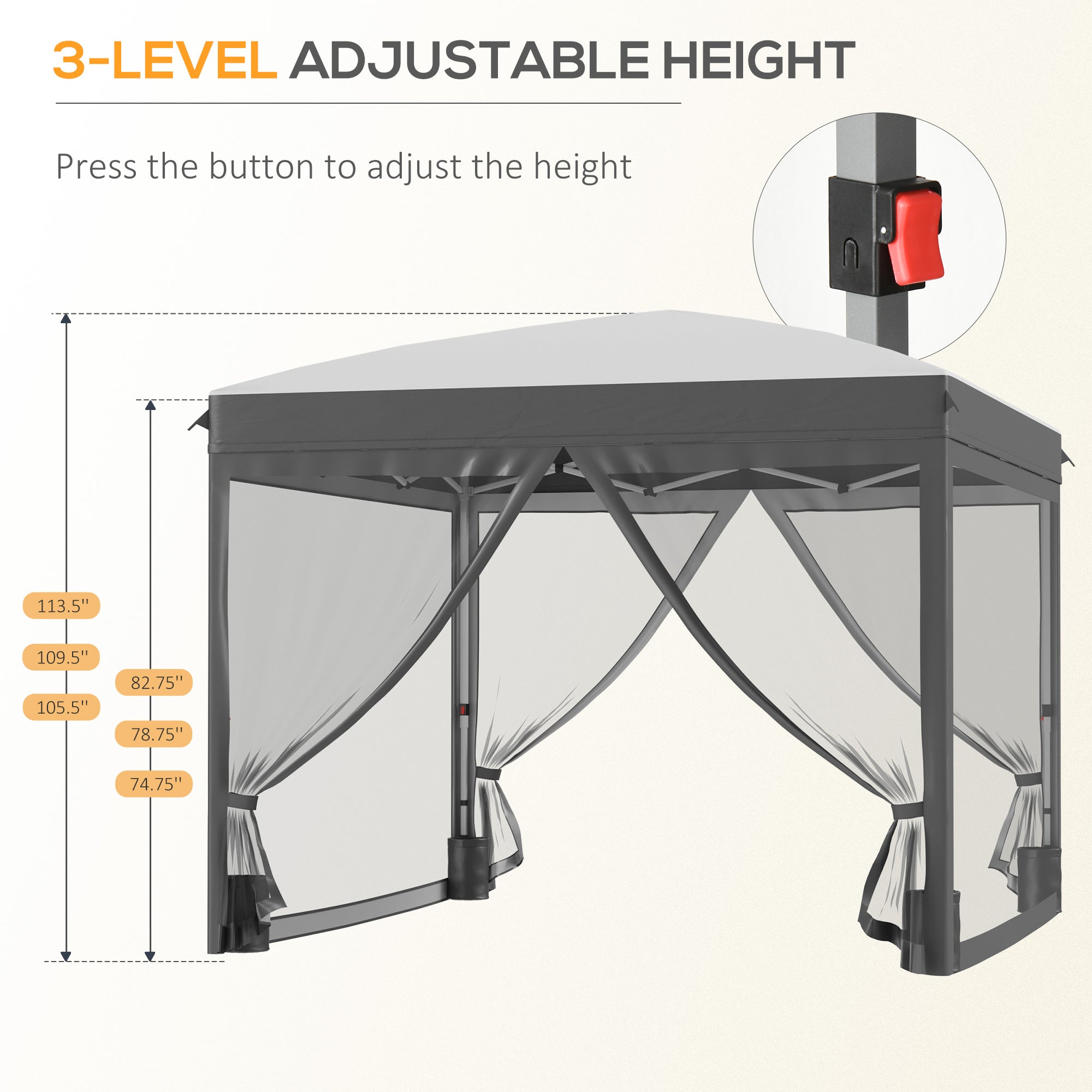 10' x 10' Pop Up Canopy Tent with Netting, Instant Sun Shelter, Tents for Parties, Height Adjustable, with Wheeled Carry Bag and 4 Sand Bags for Outdoor, Garden, Patio, Gray
