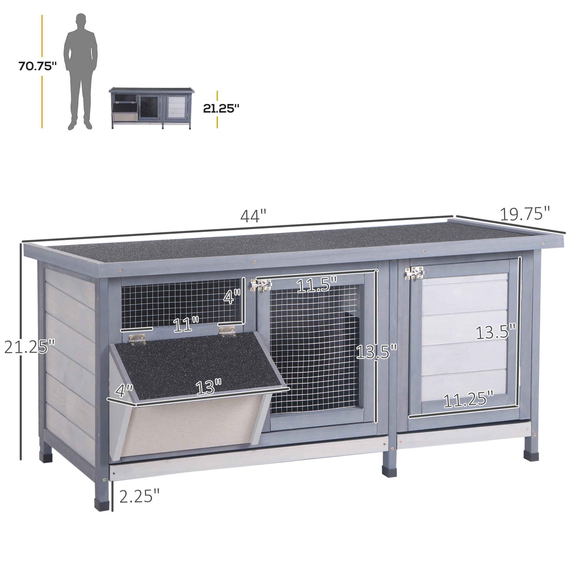 Wooden Rabbit Hutch Bunny Hutch Cage Guinea Pig with Waterproof Roof, No Leak Tray and Feeding Trough, for Rabbits, Chickens, Ducks, Indoor/Outdoor, Gray