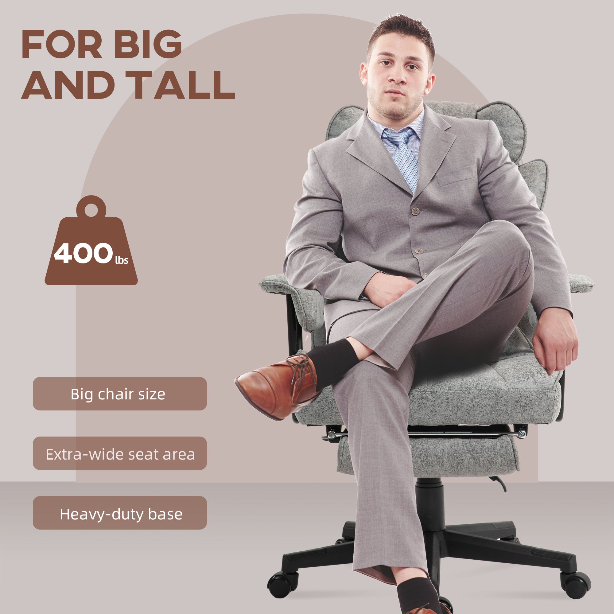 400LBS Big and Tall Office Chair, Massage Office Chair with Footrest, Lumbar Support and Reclining Function, Gray