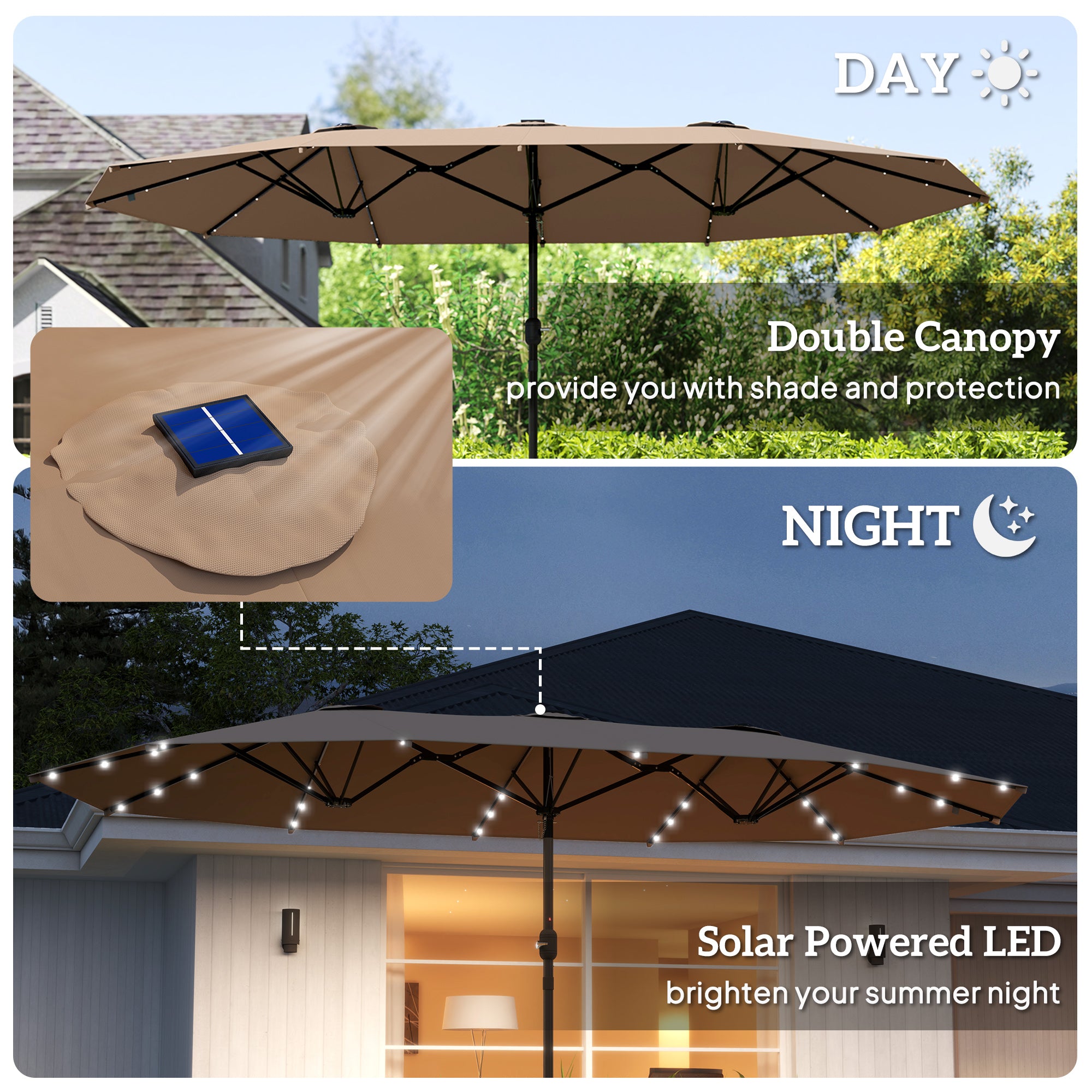 Garden Parasol 14.4 ft. Double-Sided Sun Umbrella with Base, Patio Parasol with LED Solar Lights, Khaki