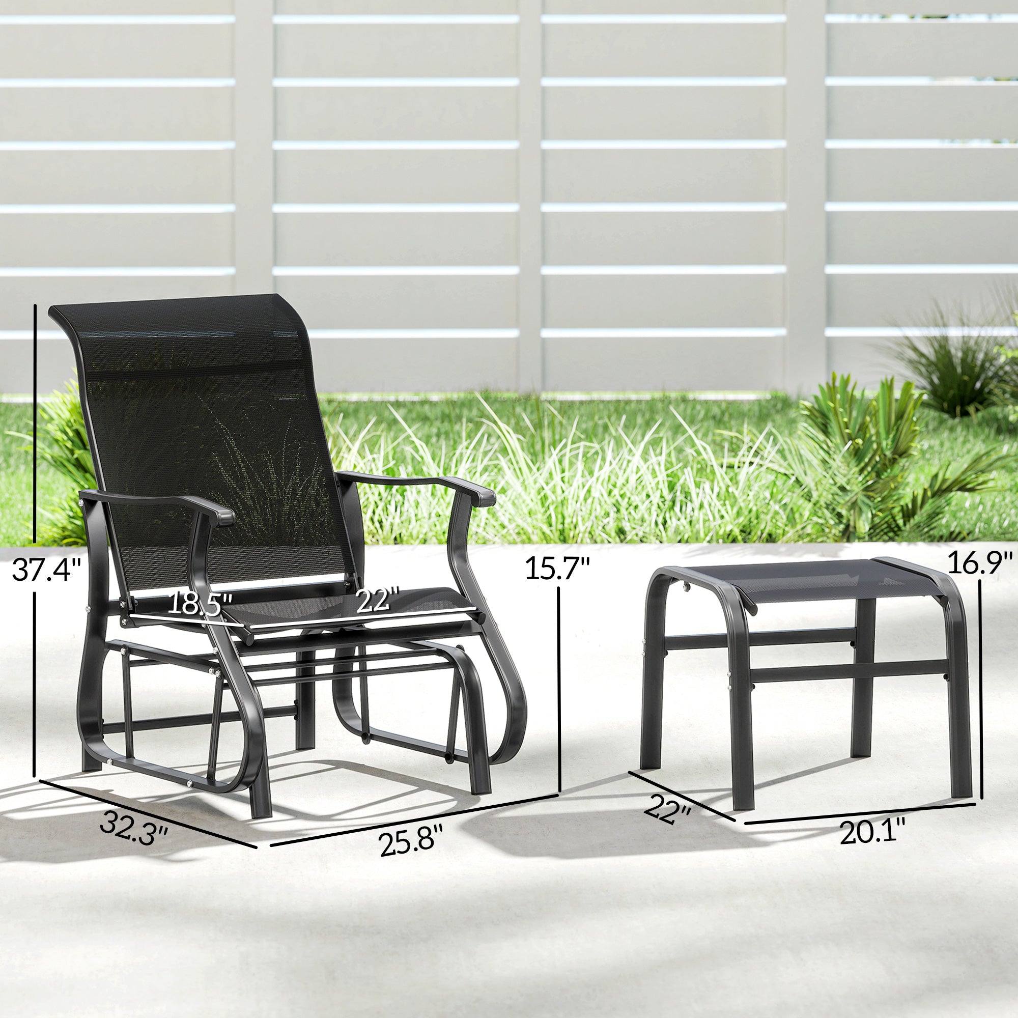 Outdoor Glider with Ottoman, Patio Glider Chair Set with High Back, Wide Seat for Porch, Garden, Backyard, Black