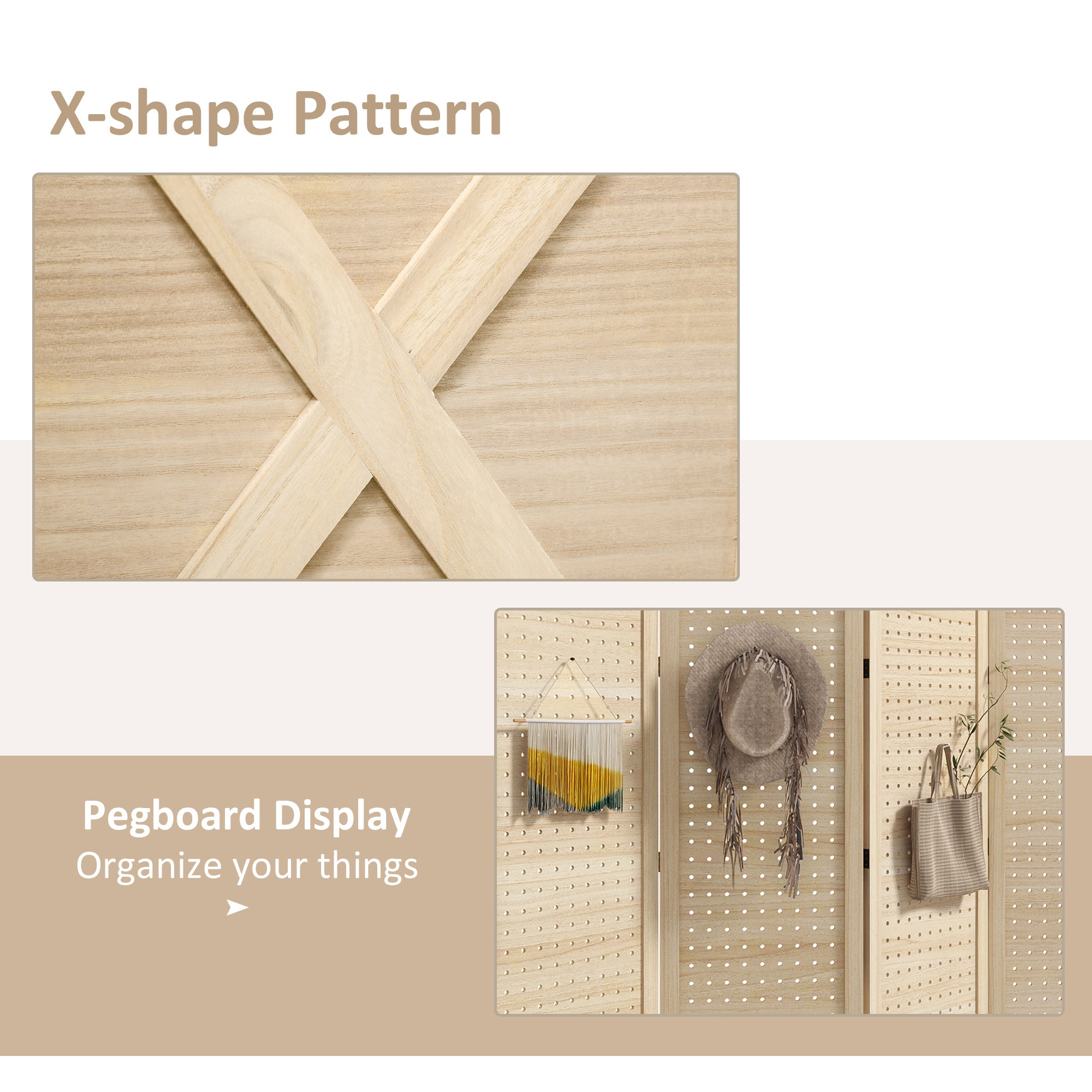 4.7' 4 Panel Wooden Room Divider with Pegboard Display, Folding Privacy Screen for Home Office, Natural