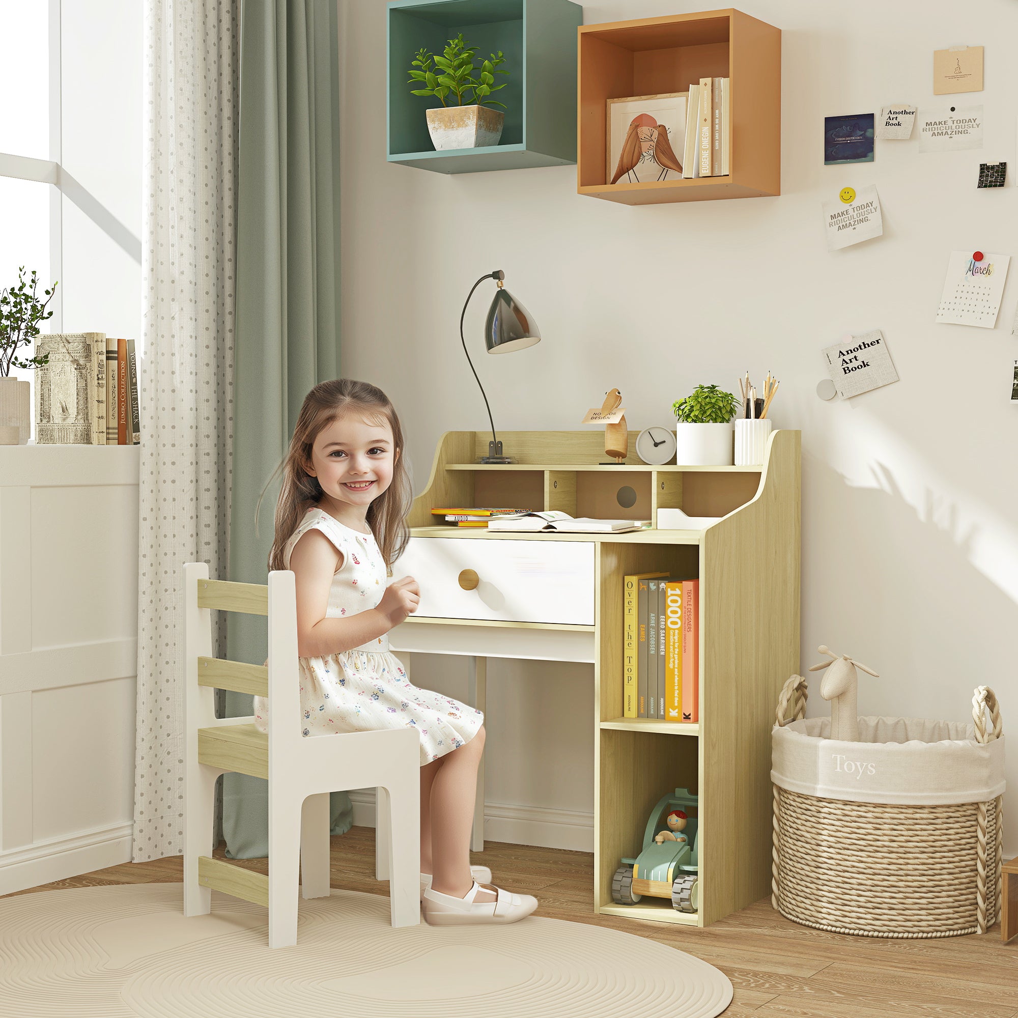 Kids Desk and Chair Set with Storage Shelves, Drawer for 3-10 Years, White