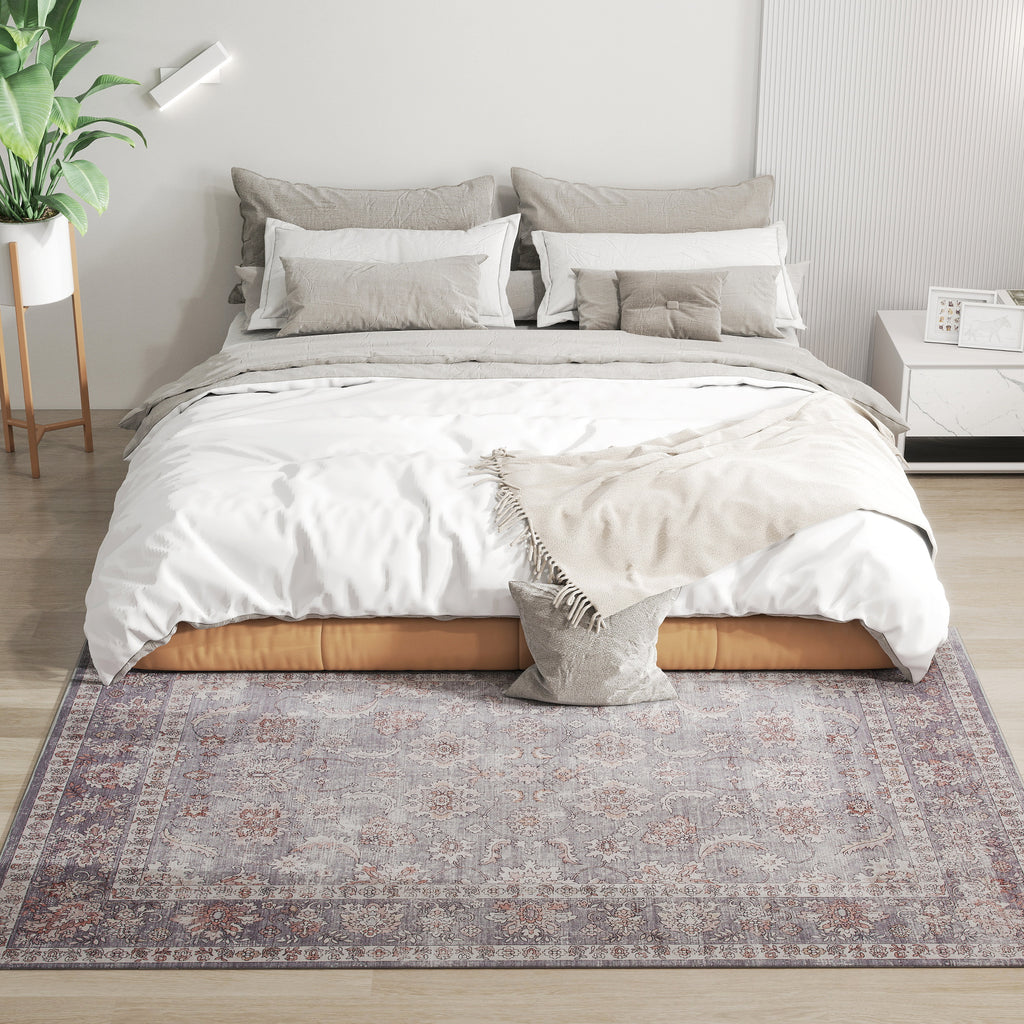 Machine Washable Area Rug 4x6, Non-Slip Traditional Flower Print Floor Carpet for Living Room, Bedroom, Grey and Brown