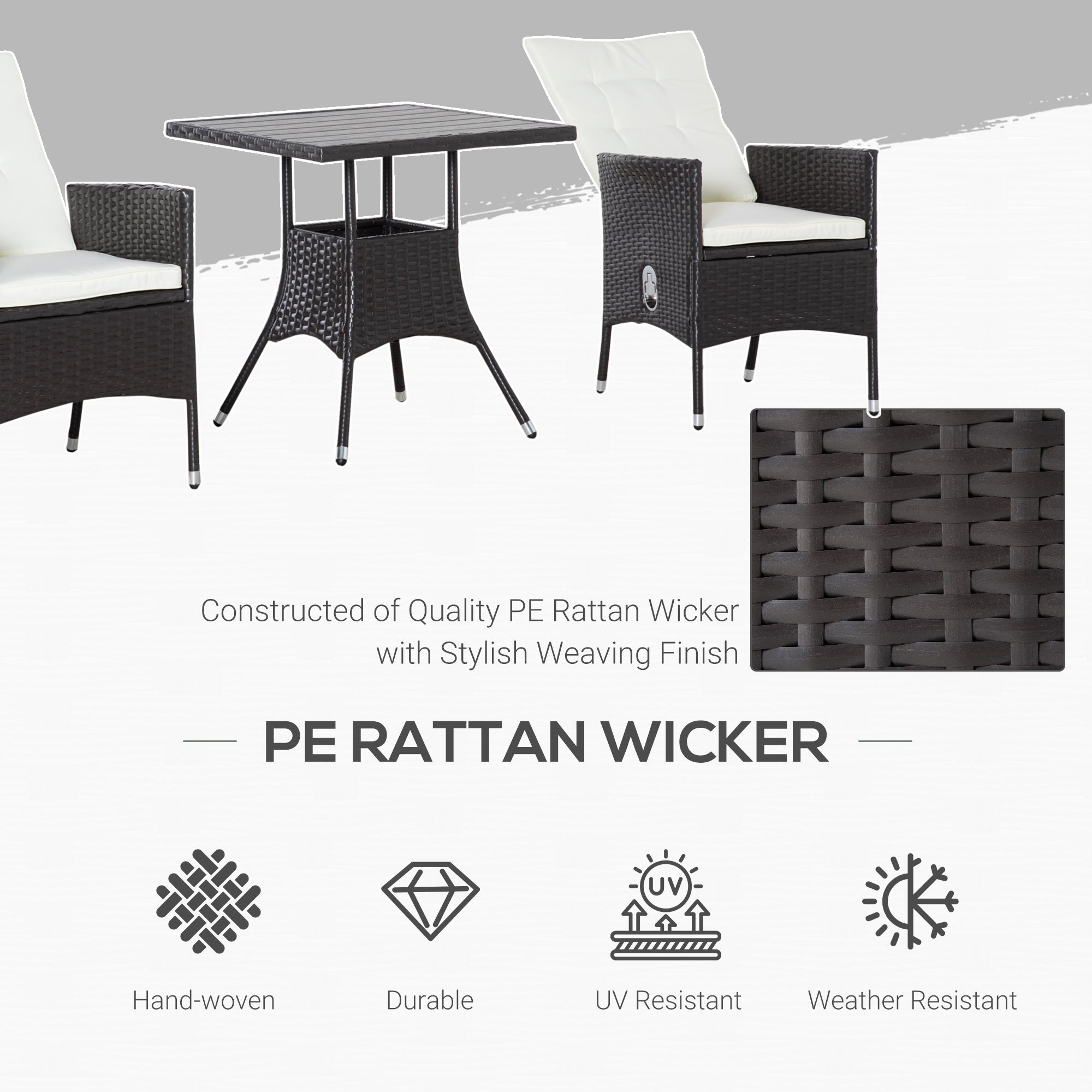 3 Piece Patio Bistro Set, PE Wicker Furniture Conversation Set w/ Tufted Cushion Reclining Chairs & Coffee Table, Cream