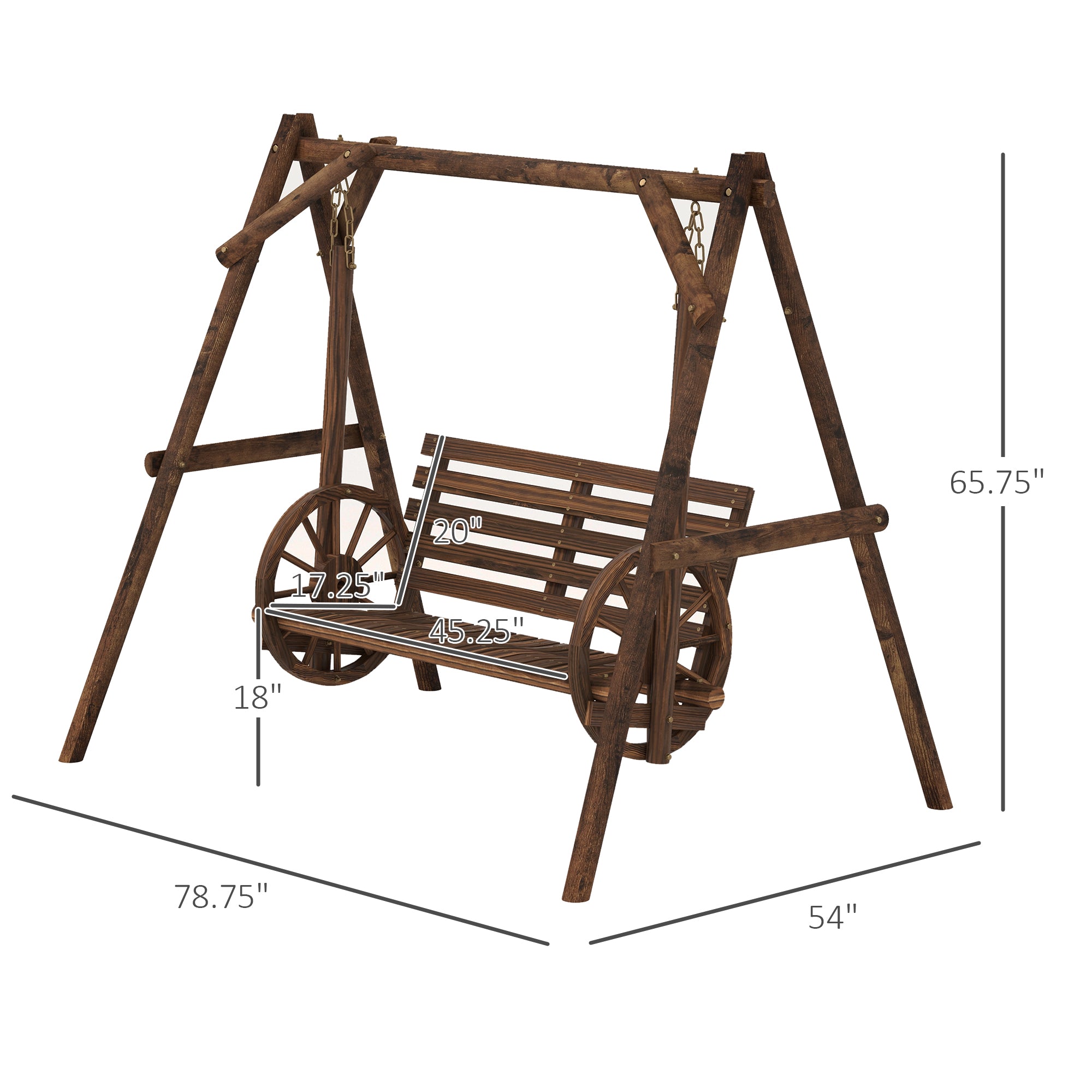 2-Seat Porch Swing with A-Frame Stand, Wooden Log Patio Swing Chair Bench with Wagon Wheel Armrests, Carbonized Brown