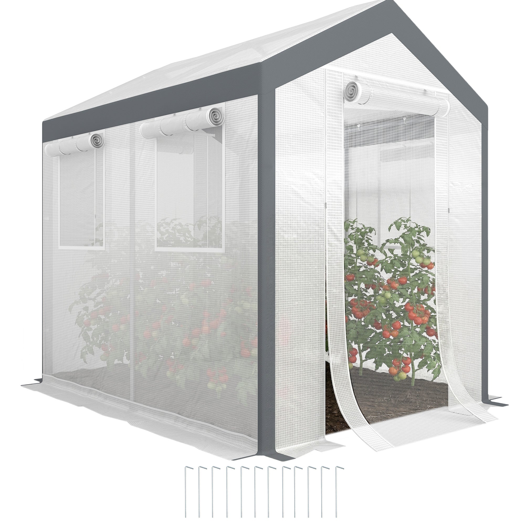 Outdoor Walk-In Tunnel Greenhouse with Roll-up Windows, Zippered Mesh Door, & Weather Cover, 8' x 6' x 7.4'
