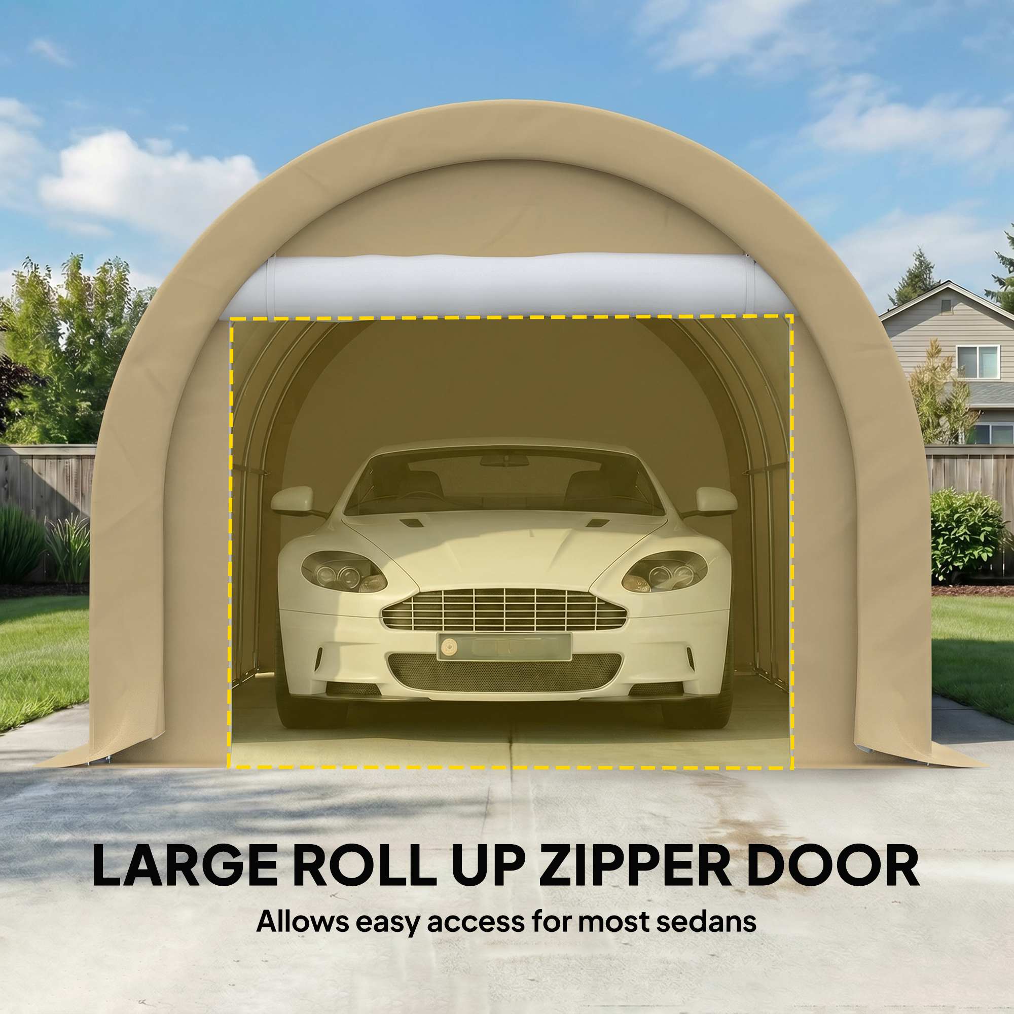 10' x 16' Carport, Heavy Duty Portable Garage Storage Tent with Large Zippered Door, Anti-UV PE Canopy Cover for Car, Truck, Boat, Motorcycle, Bike, Garden Tools, Outdoor Work, Beige