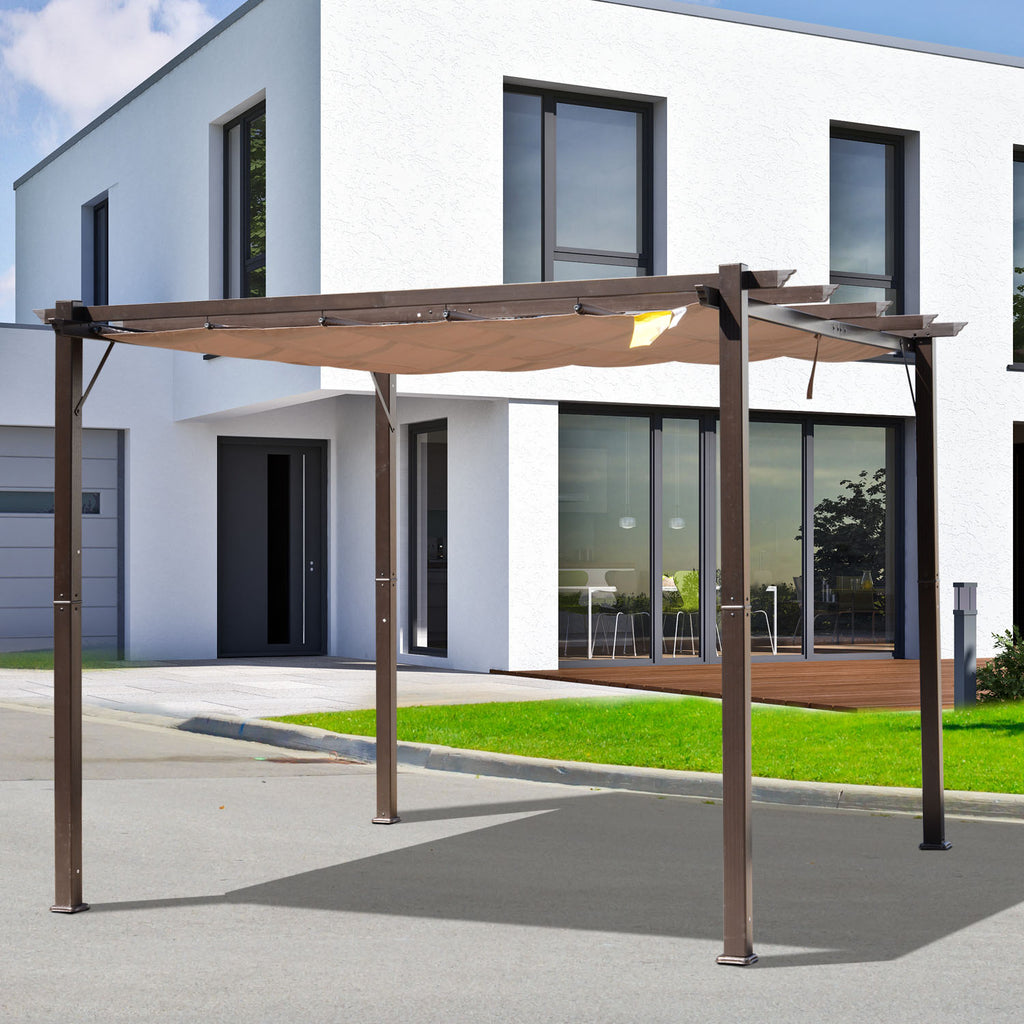 10' x 10' Outdoor Pergola Aluminum Gazebo w/ Retractable Canopy for Patio, Backyard, Party, Brown