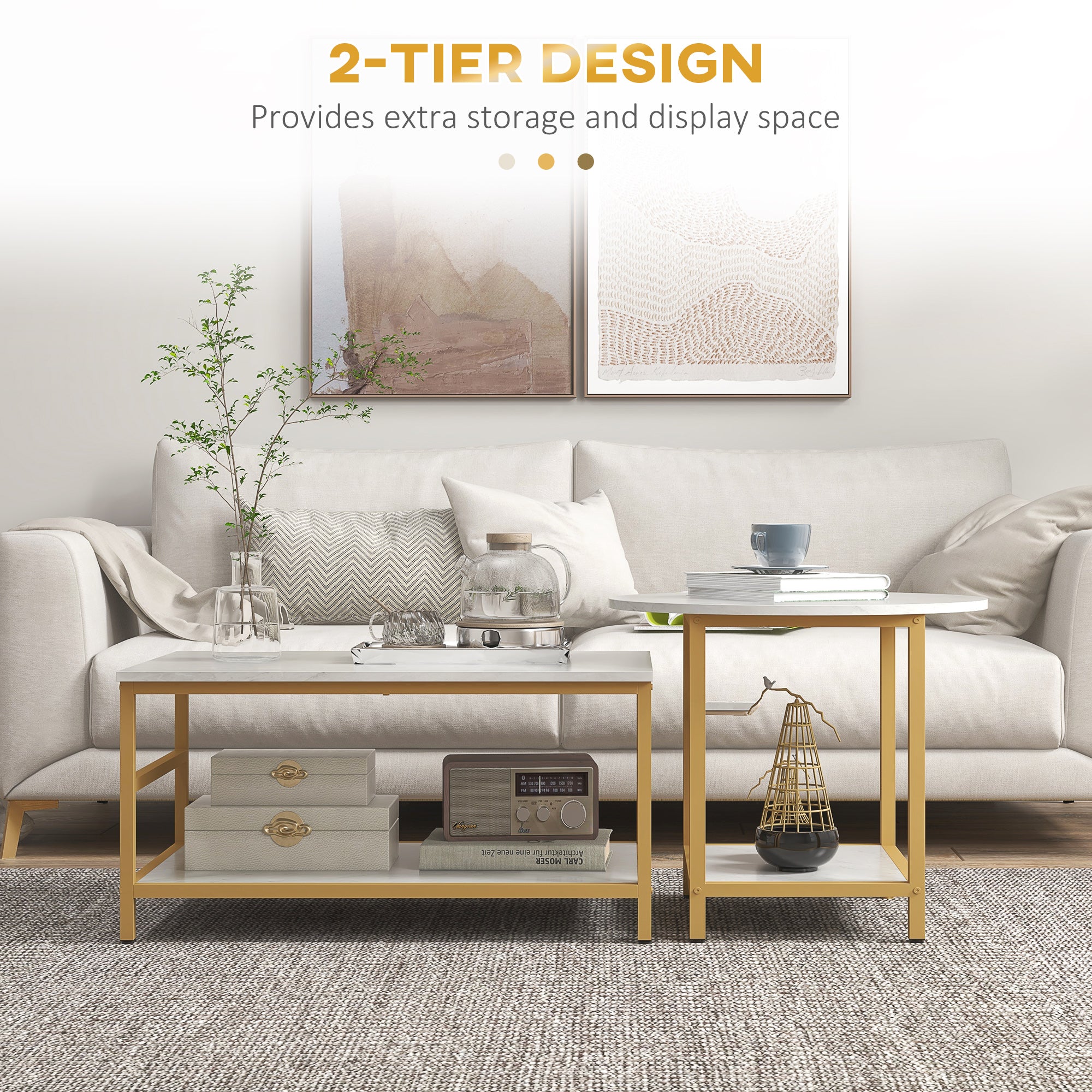 Coffee Tables Set of 2, Rectangle and Round Coffee Table with Storage Shelves, Faux Marble Top, Living Room Table Set
