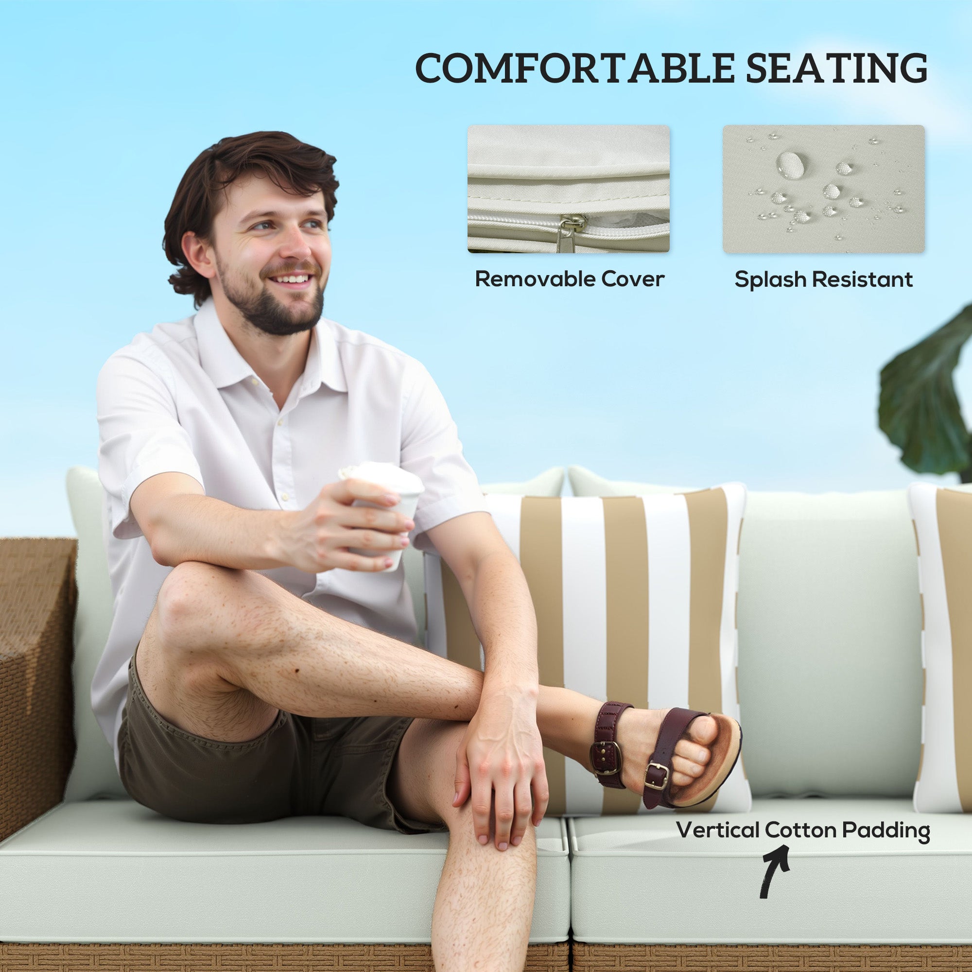 Rattan Wicker 3 Seater Patio Couch with Cushions, 2 Throw Pillows, Outdoor Furniture Rattan Sofa, Light Gray