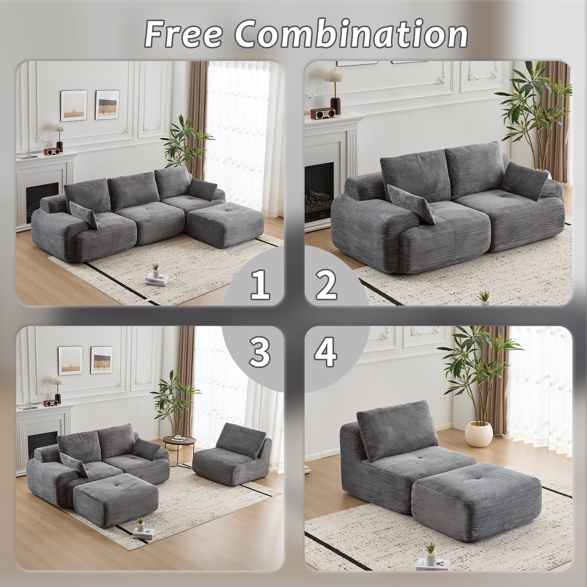 Compressed Sofa Modern Memory Foam Sectional, Pet-Friendly Corduroy Couch, Extra Deep Loveseat for Living Room, 120" L x 71" W x 28.5" H, Grey