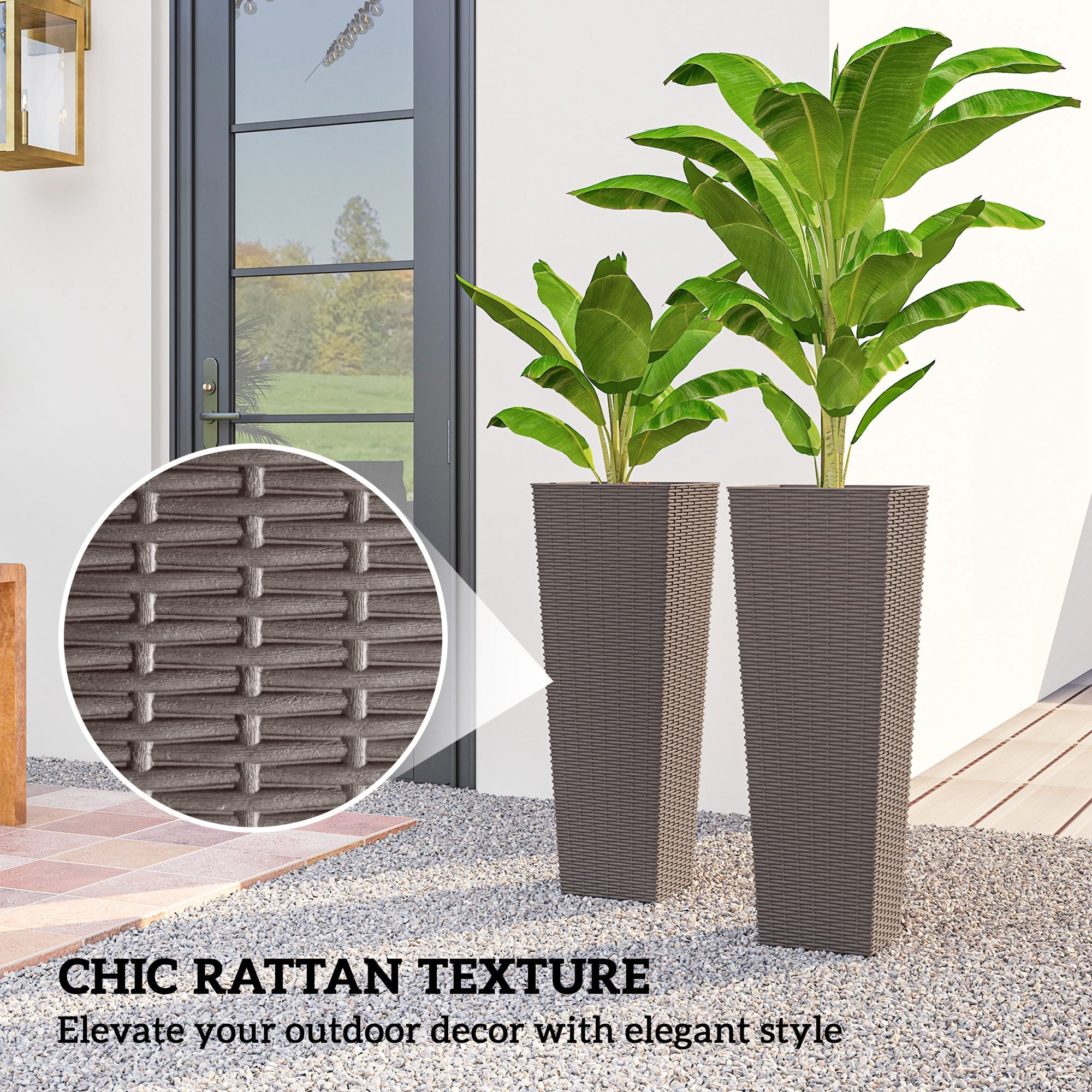 32 Inch Tall Planters for Outdoor Plants, Set of 2 Plastic Flower Pots with Drainage Holes, Brown
