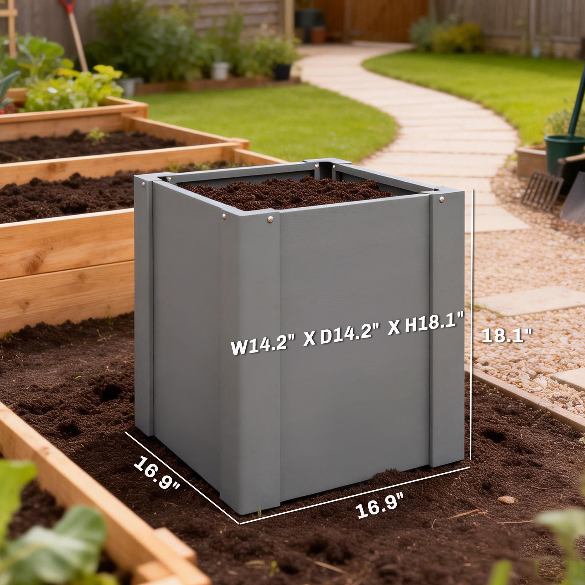 Raised Garden Bed Galvanized Planter Box Outdoor with Gloves for Gardening Vegetables, Flower, Herb, 1.4 x 1.4 x 1.5 ft, Gray