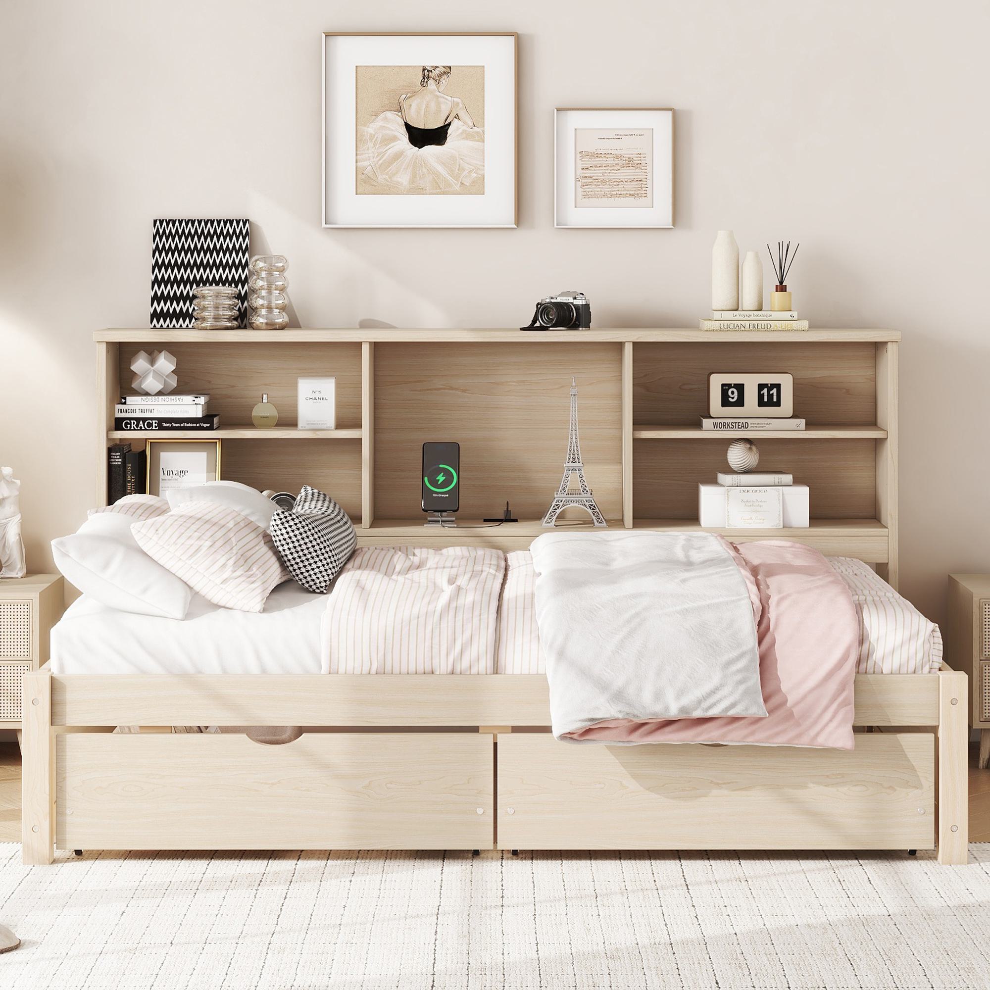 Twin Size Bed Frame with Side Bookshelves, Two Drawers, Built-in USB Port, and Adjustable Shelves, 81" L x 50" W x 41" H, Natural