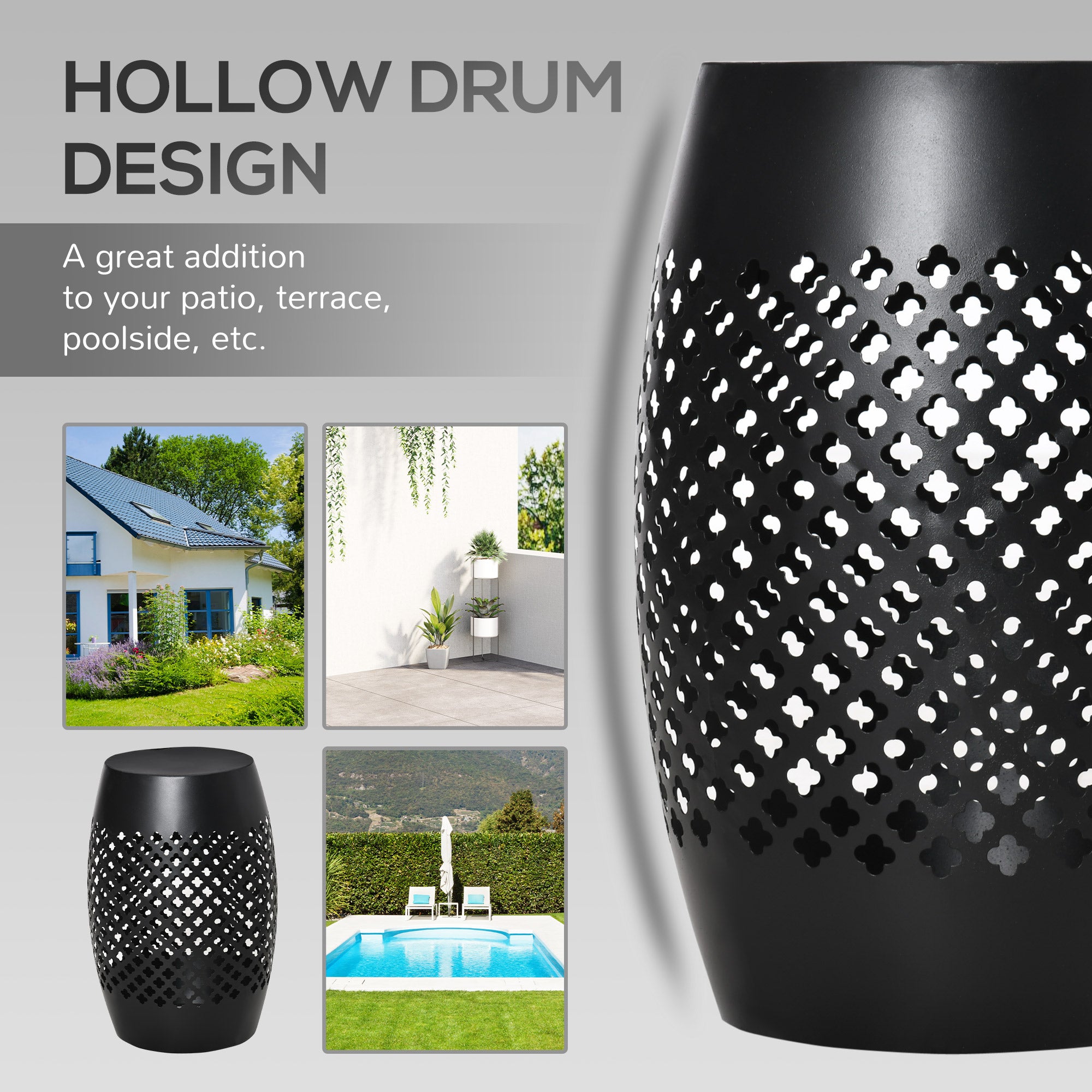 12" Steel Outdoor Side Table, Round Hollow Drum Patio End Table, Accent Table for Indoor and Outdoor, Black