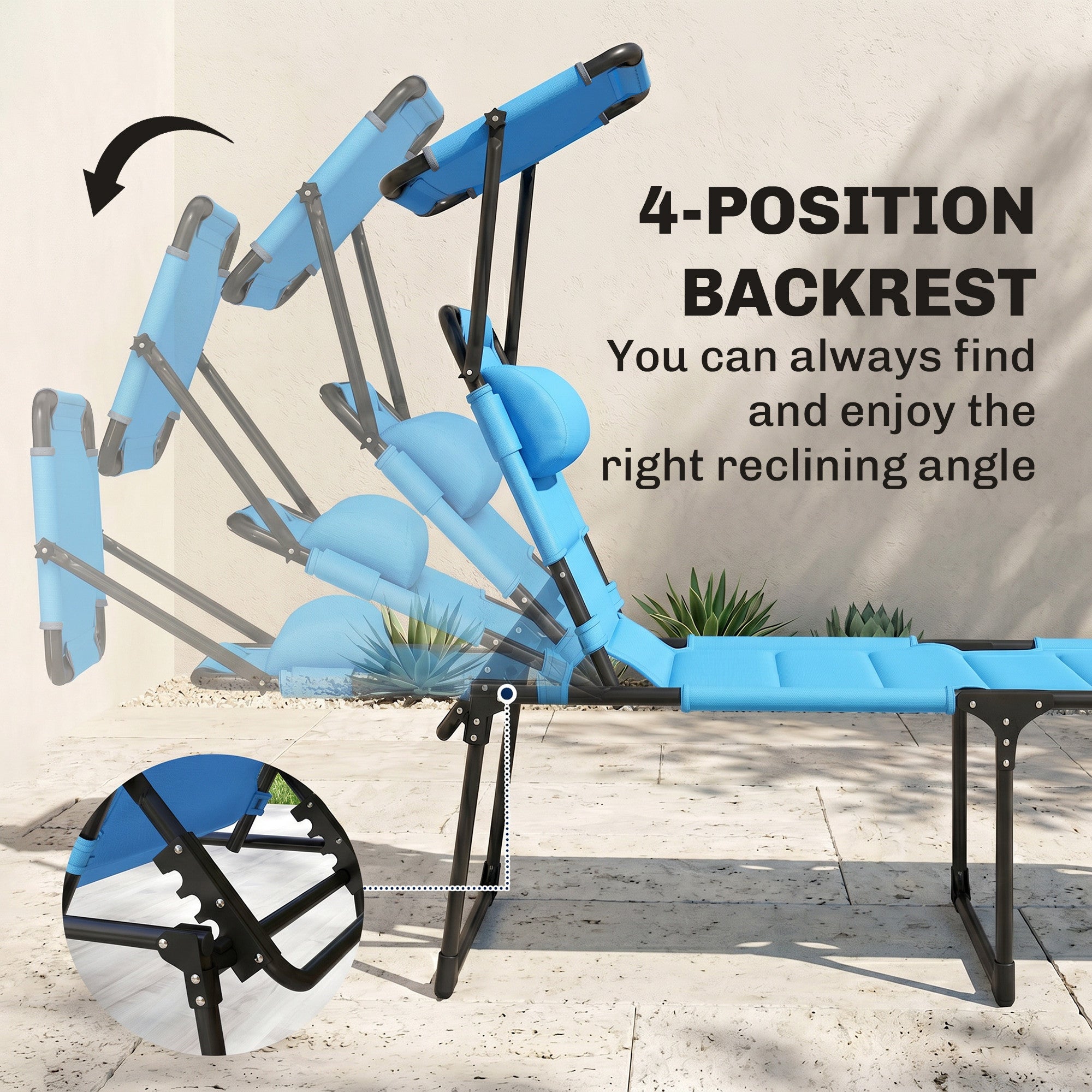 Outdoor Lounge Chair, 4 Position Adjustable Backrest, Folding, Cushioned w/ Sun Shade Roof & Pillow, Blue