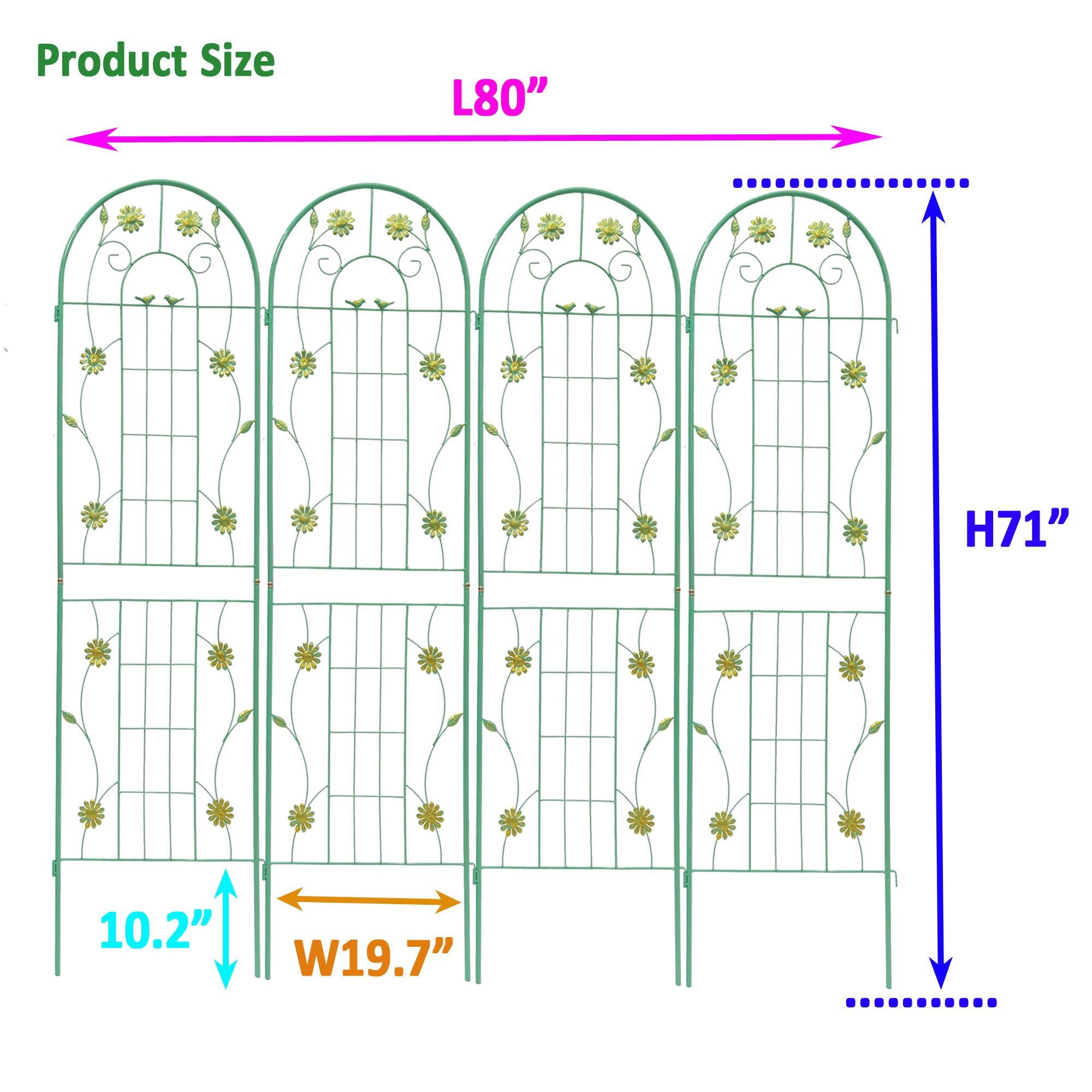 4 Pack Metal Garden Trellis with Sturdy Iron Construction, 71" Rustproof Climbing Plant Support, Green