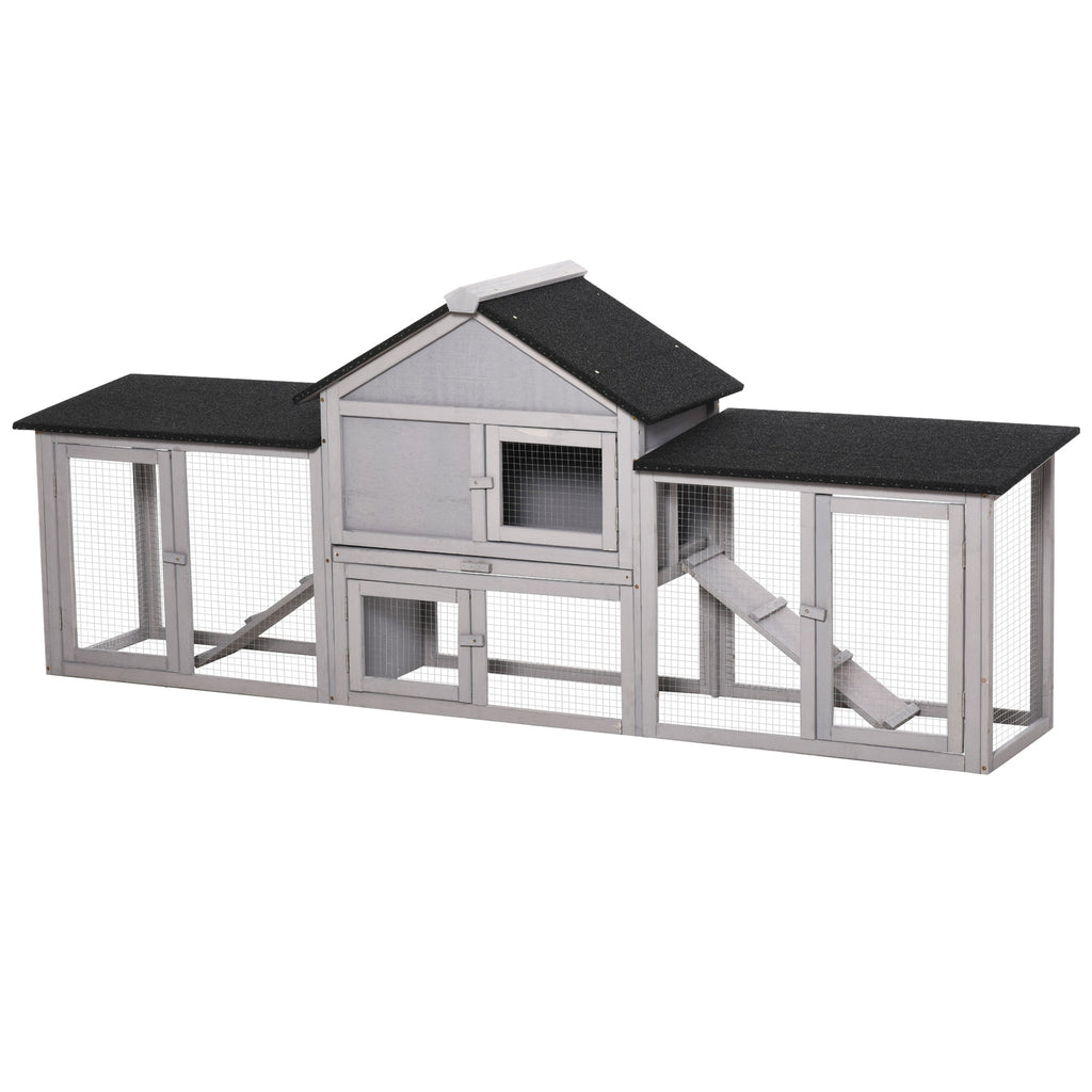 Outdoor Rabbit House 83" 2 Story Deluxe XL Wooden Rabbit Hutch Big Bunny Cage w/ Ladder and Run, Gray