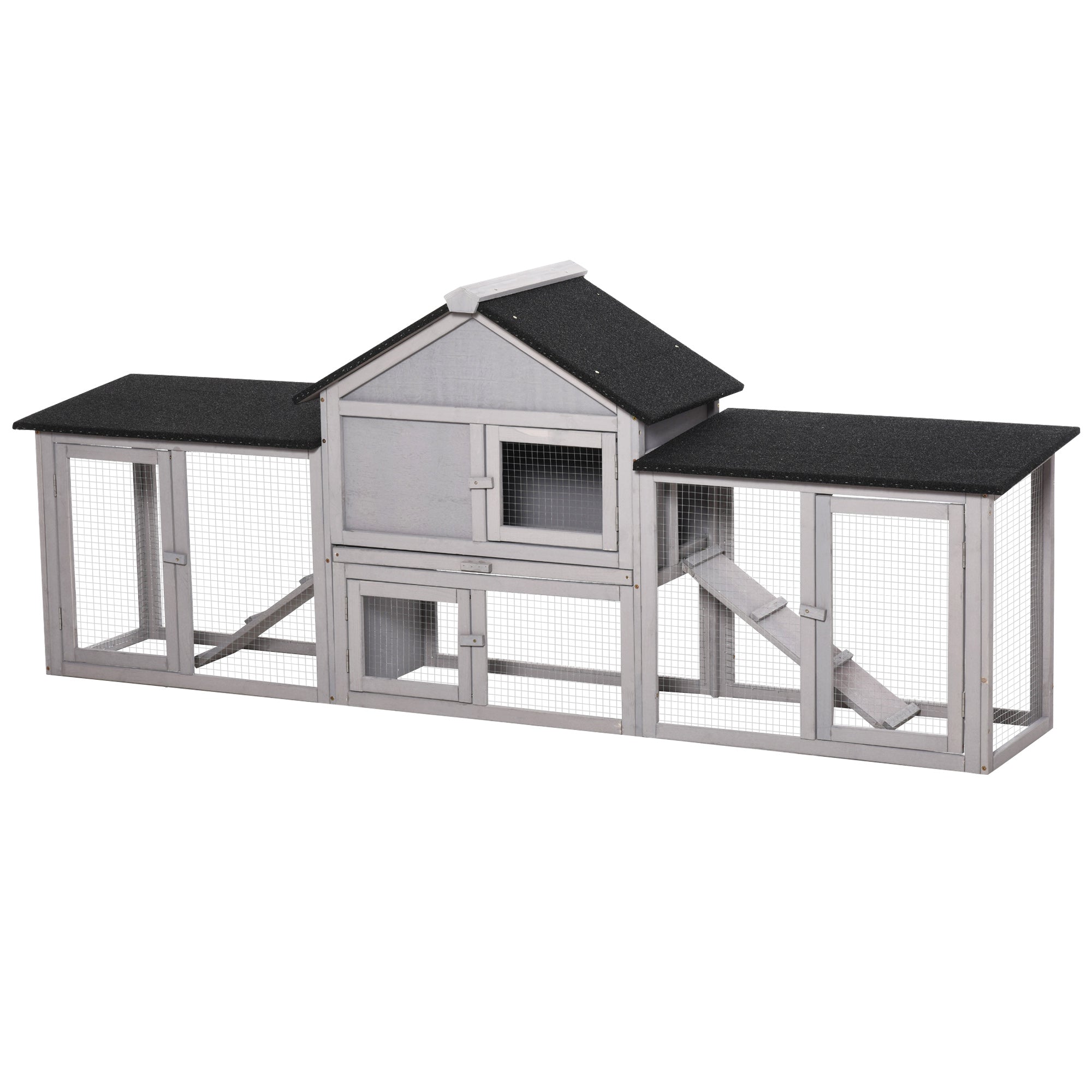 Outdoor Rabbit House 83" 2 Story Deluxe XL Wooden Rabbit Hutch Big Bunny Cage w/ Ladder and Run, Gray