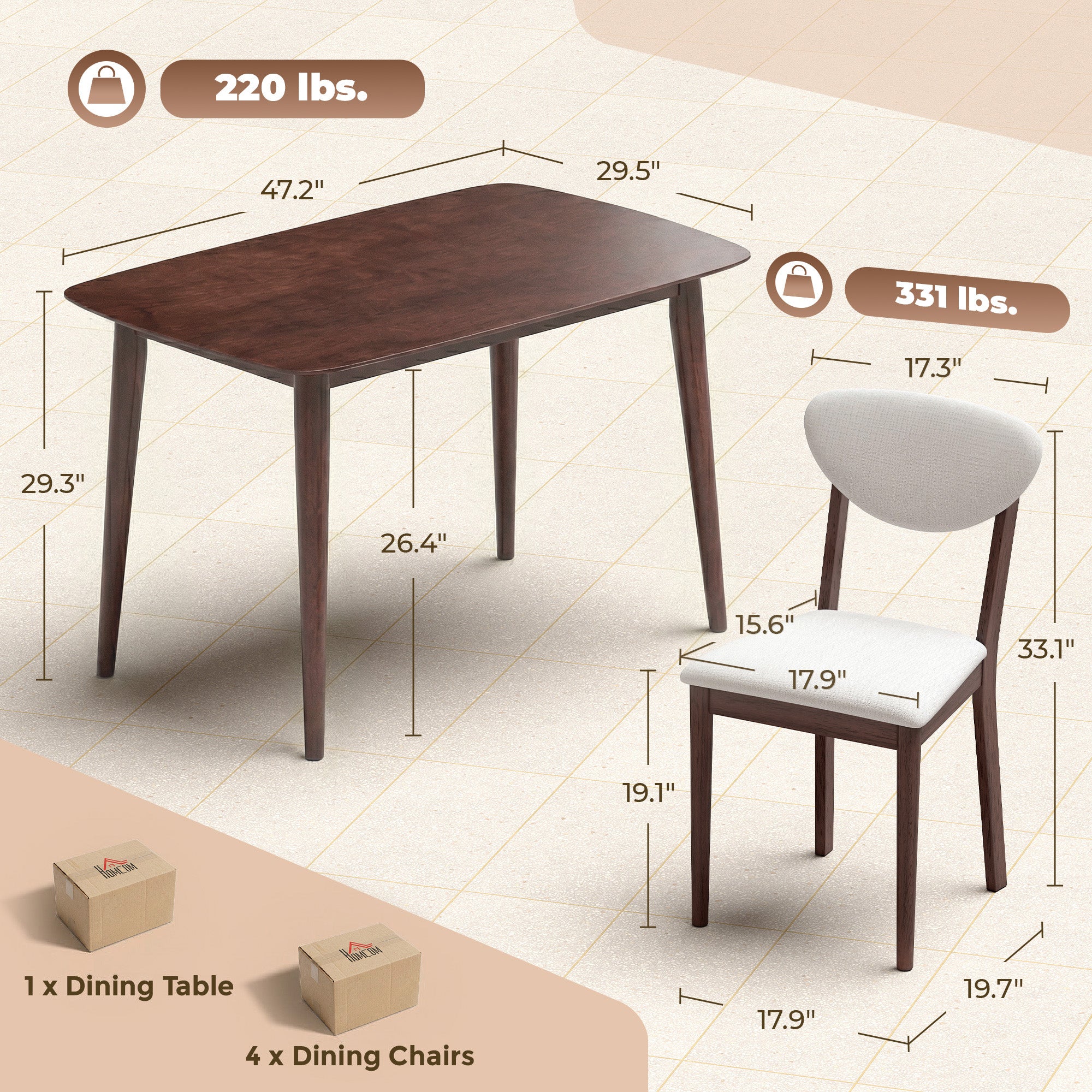 5-Piece Dining Table Set for 4, Mid-Century Modern Kitchen Table and Chairs, Cream White