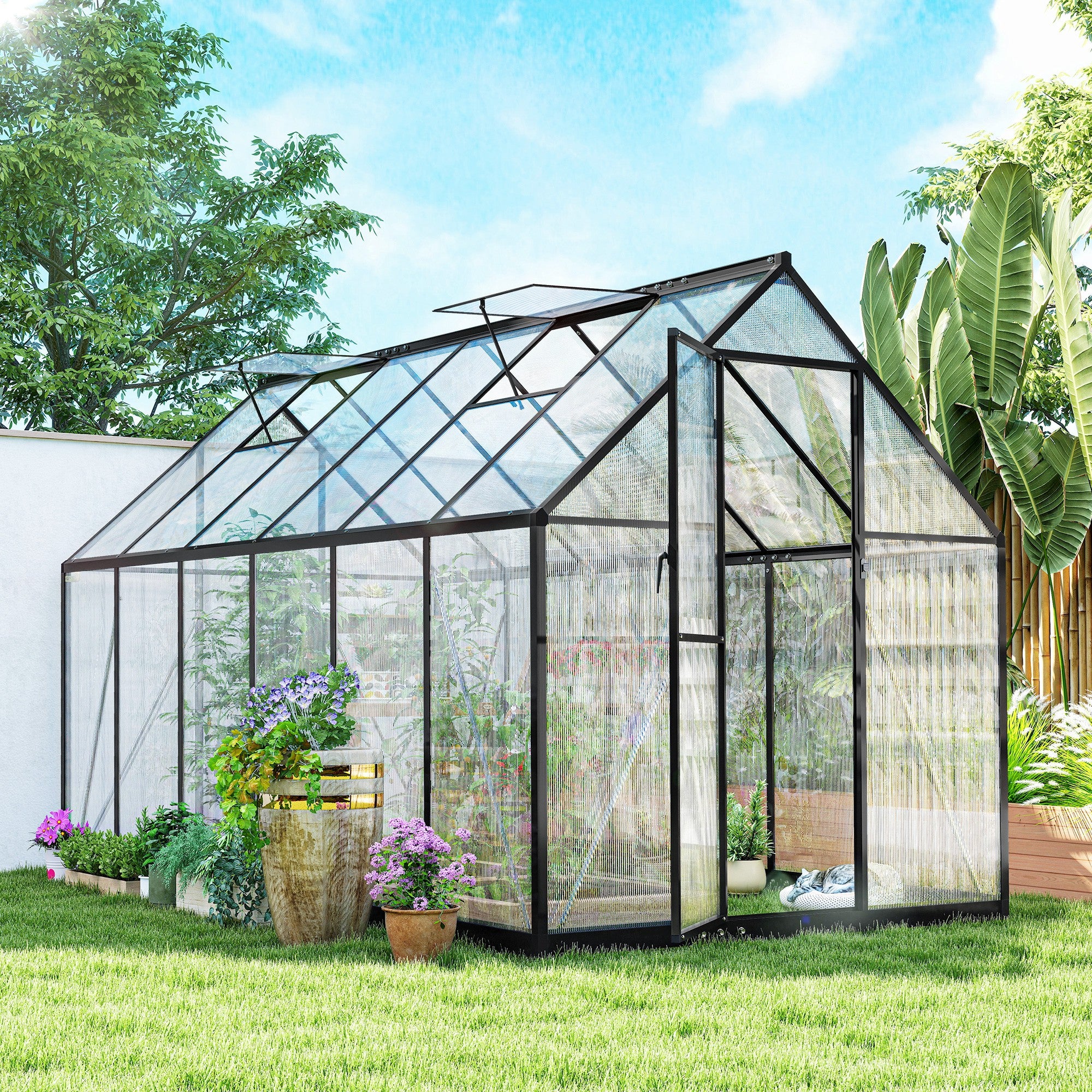 Polycarbonate Greenhouse with Swing Door and Two Adjustable Roof Vents, Aluminum Walk-in Greenhouse, 11x6 ft, Black