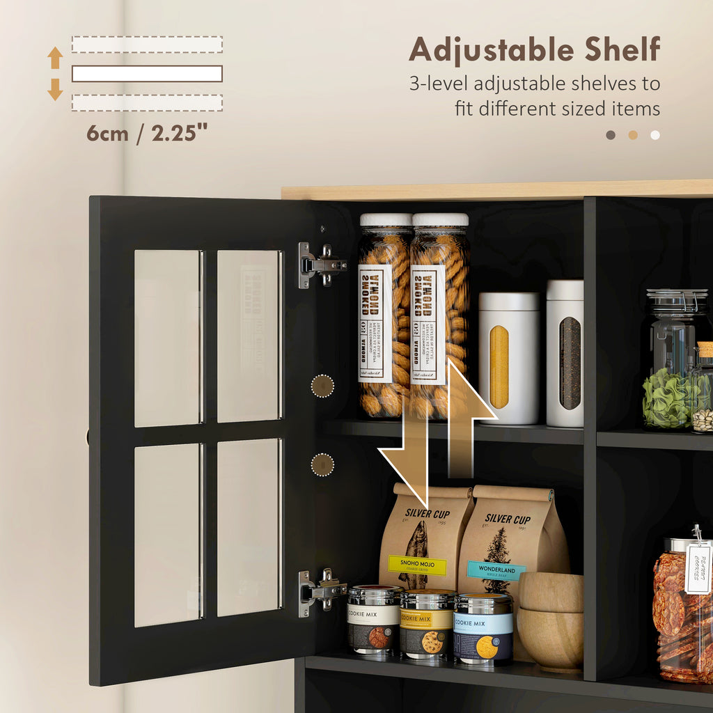 72" Kitchen Pantry Storage Cabinet with Hutch, Large Countertop, Glass Doors and Adjustable Shelves, Black