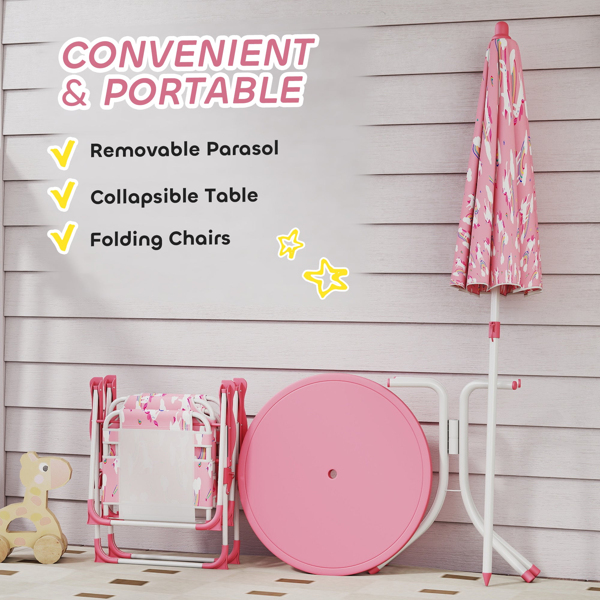 Kids Picnic Table, Kids Table and Chair Set with 2 Folding Chairs and Umbrella for Backyard, Garden, Patio, Pink