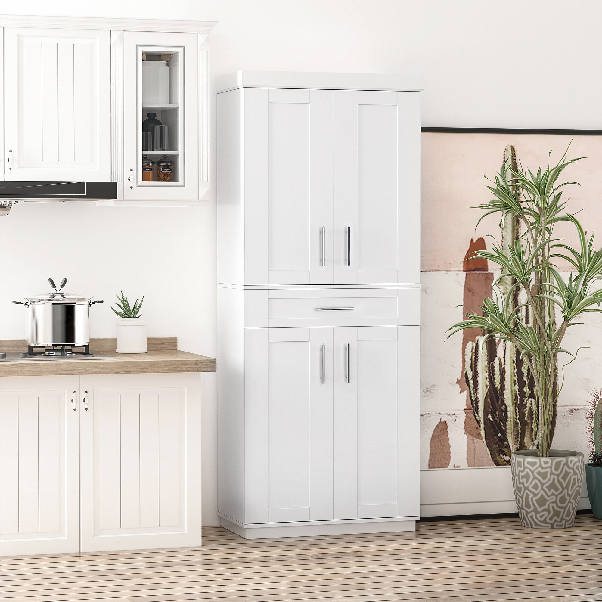 White Pantry Cabinet with Adjustable Shelving for Kitchen, Perfect for Family, White