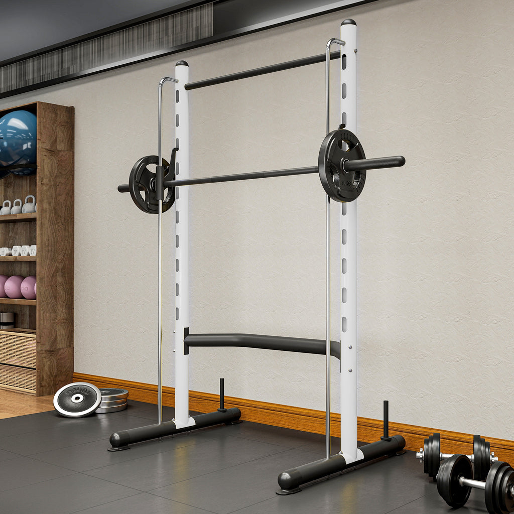 Squat Rack with Pull Up Bar and Barbell Bar Adjustable Bench Press Multi-Function Weight Lifting Half Rack, White