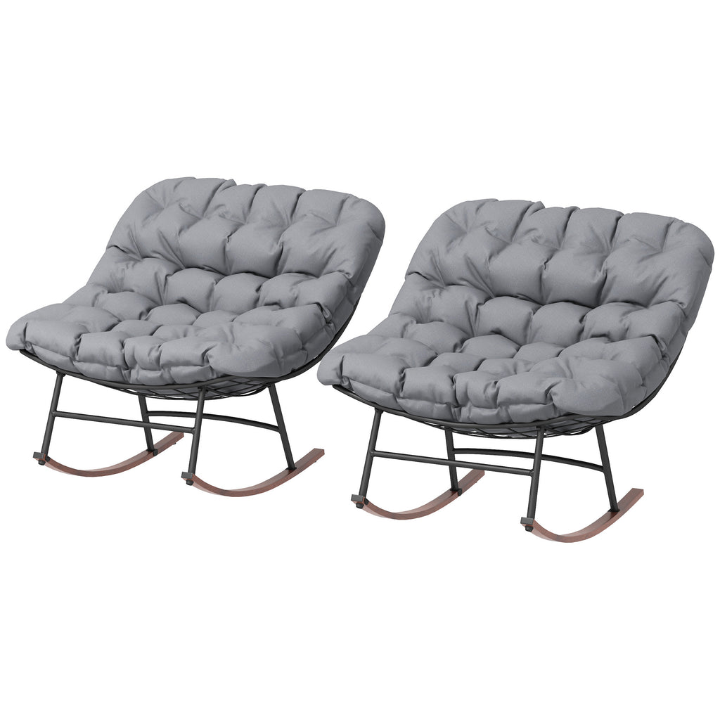 Outdoor Rocking Chair Patio Set of 2, Oversized Rocking Papasan Chairs with Cushions for Garden Porch, 265 lbs., Gray