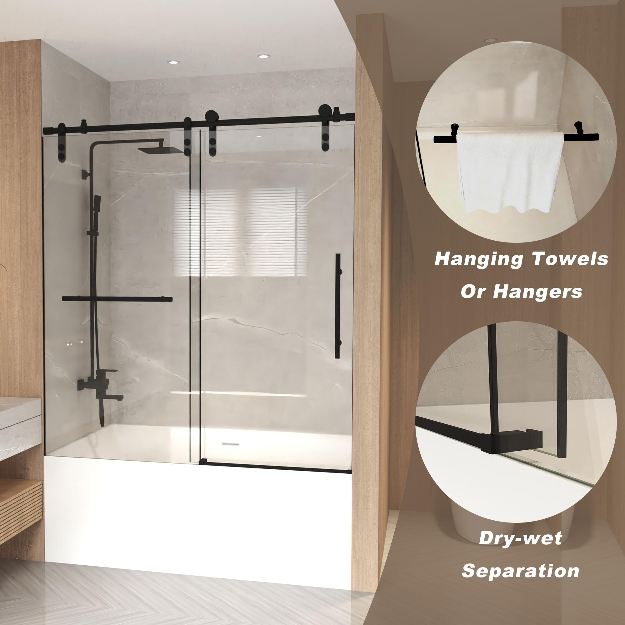 Sliding Bathtub Door with Waterproof Seals and Tempered Glass, Bathroom Door with Towel Bar Handle, 60" L x 0.5" W x 66" H, Matte Black