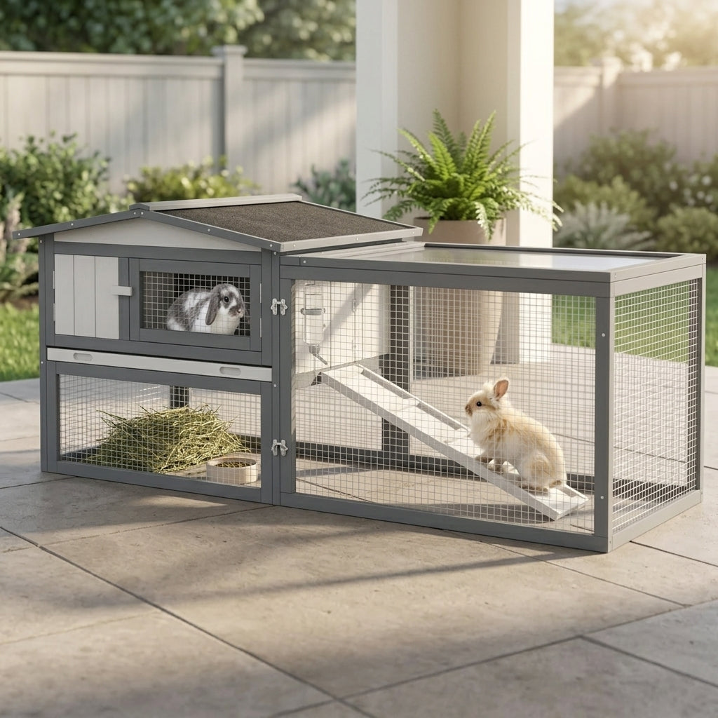 Large Rabbit Cage Outdoor 61"L Guinea Pig Hutch w/ Run Feeding Trough Removable Tray Ramp Asphalt Roof, White