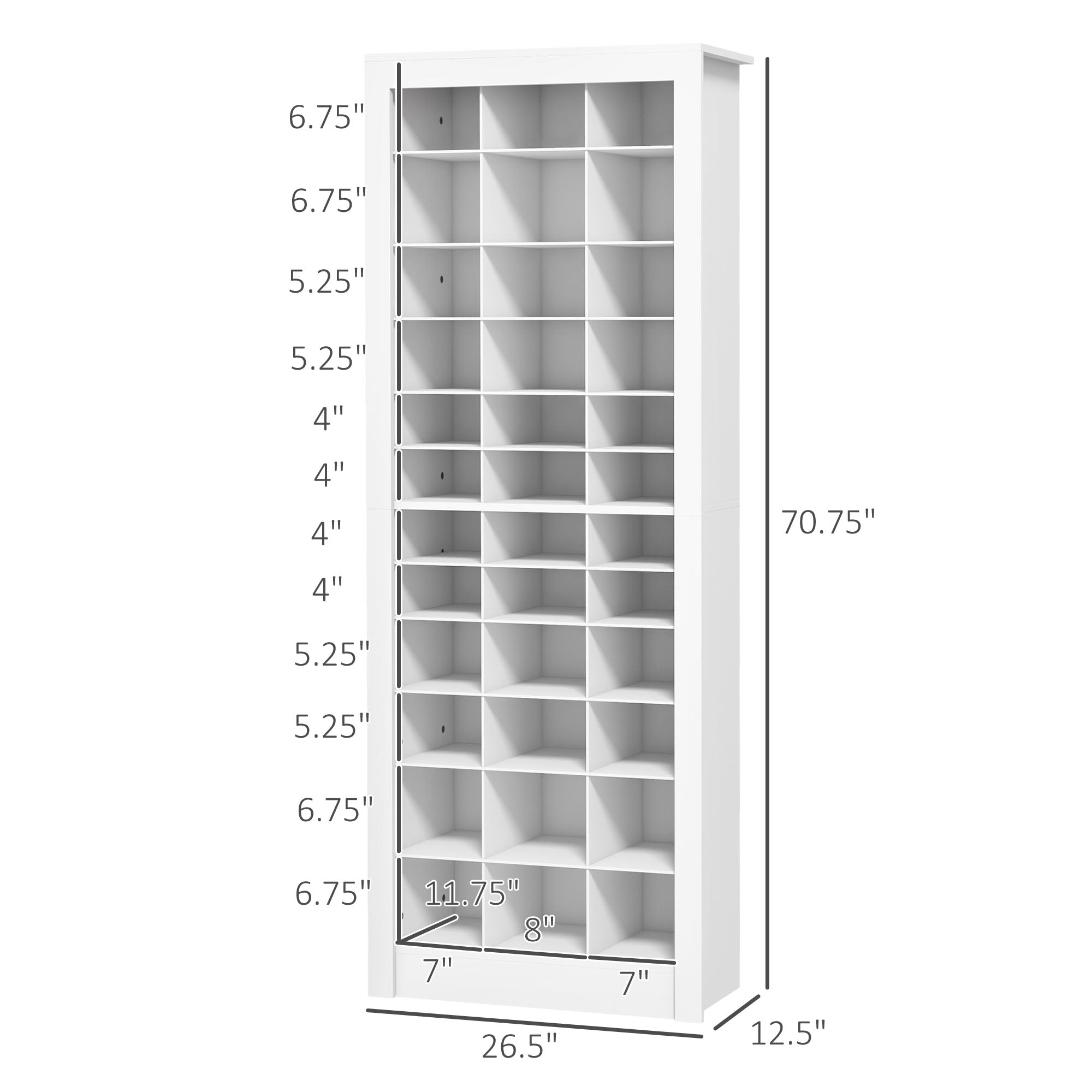 71" Shoe Storage Cabinet with 3 Heights of Open Cubes for 36 Pairs, Narrow Shoe Organizer, White