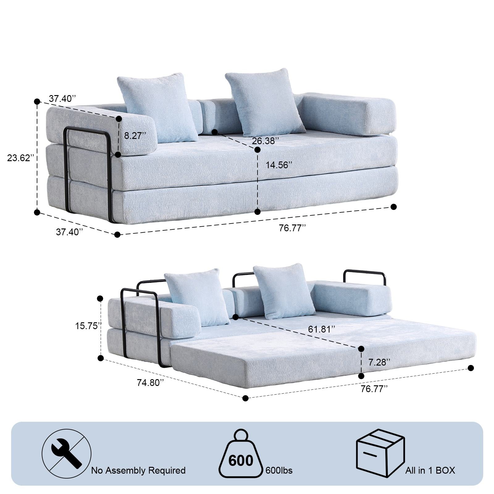 Foldable Sofa Bed Convertible Floor Sofa with Pillow Back Support and Armrest, Compressed Sofa Lounge Sleeper with Chenille Fabric, 77'' L x 37.5'' W x 23.5'' H, Light Blue