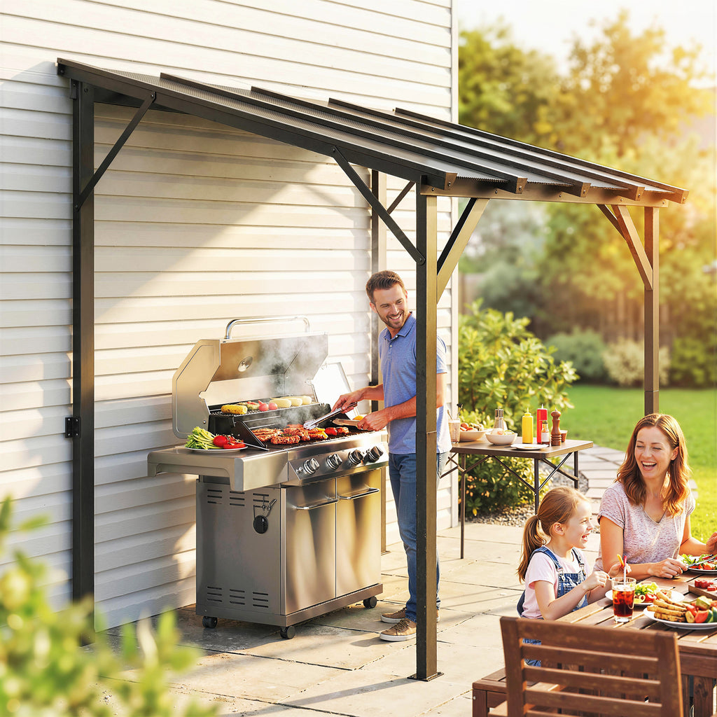 Hardtop Grill Gazebo, Lean-to BBQ Shelter with Polycarbonate Roof for Outdoor, Patio, Lawn