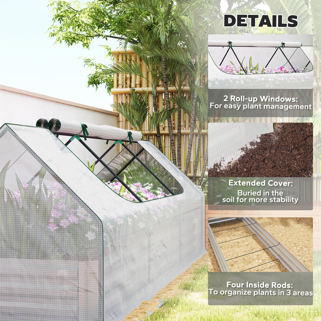 8.6 x 3 x 1ft Metal Planter Box with Mini Greenhouse, Galvanized Raised Garden Bed with Cover for Herbs and Vegetables, Small Greenhouse for Patio Garden Balcony, White and Silver