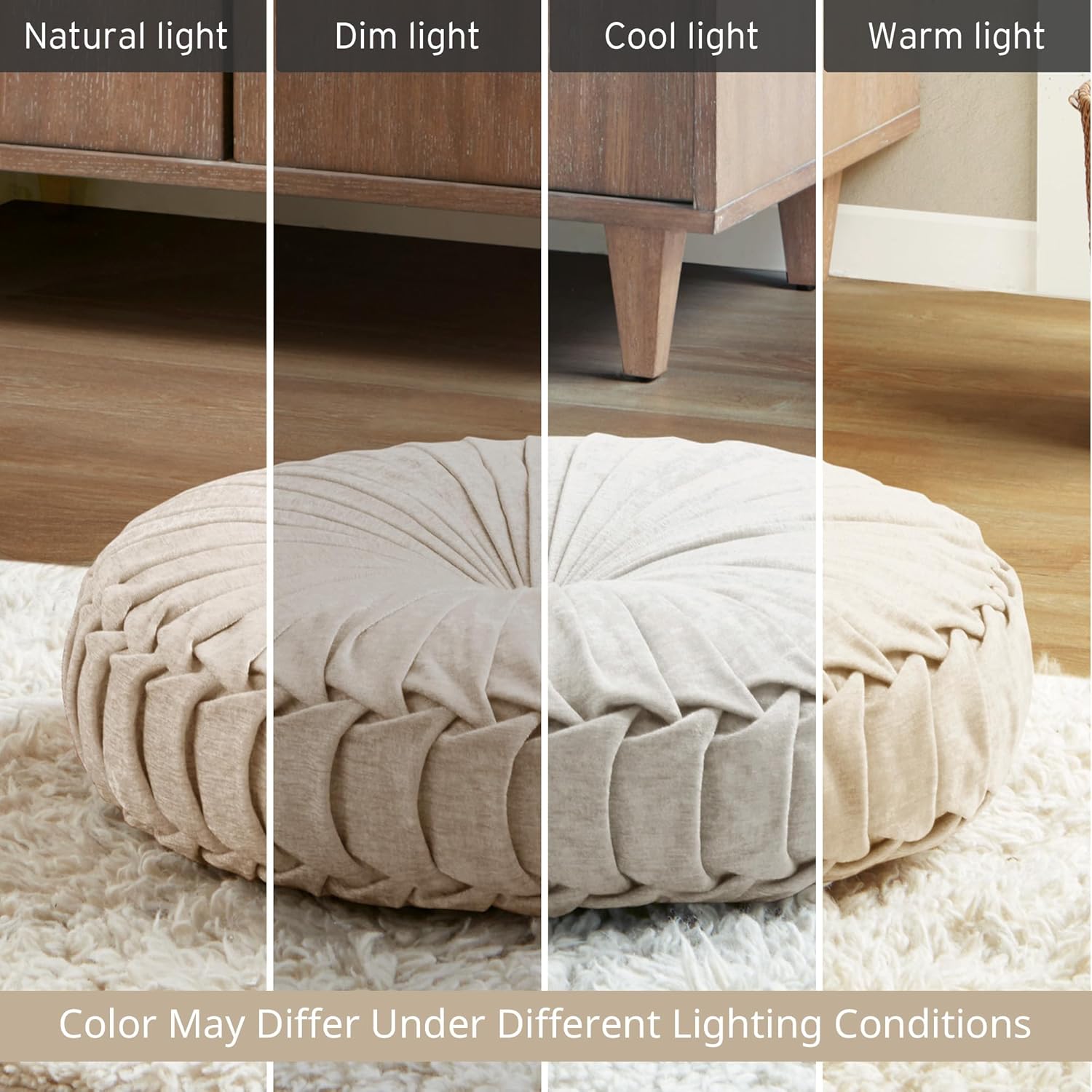 Poly Chenille Round Floor Pillow Cushion with Textured Fabric, Tufted Button Center, Pleated Detailing, 22" L x 22" W x 6" H, Ivory