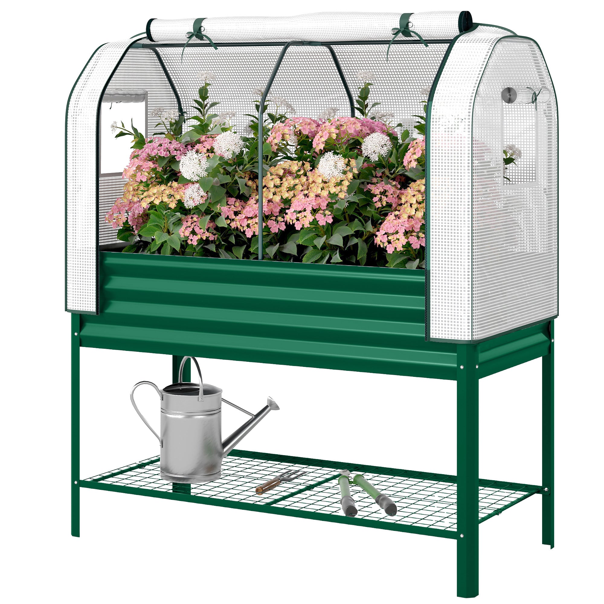 Galvanised Raised Garden Bed with Greenhouse Cover, Metal Elevated Garden Bed with Bed Liner, Bottom Shelf, Green