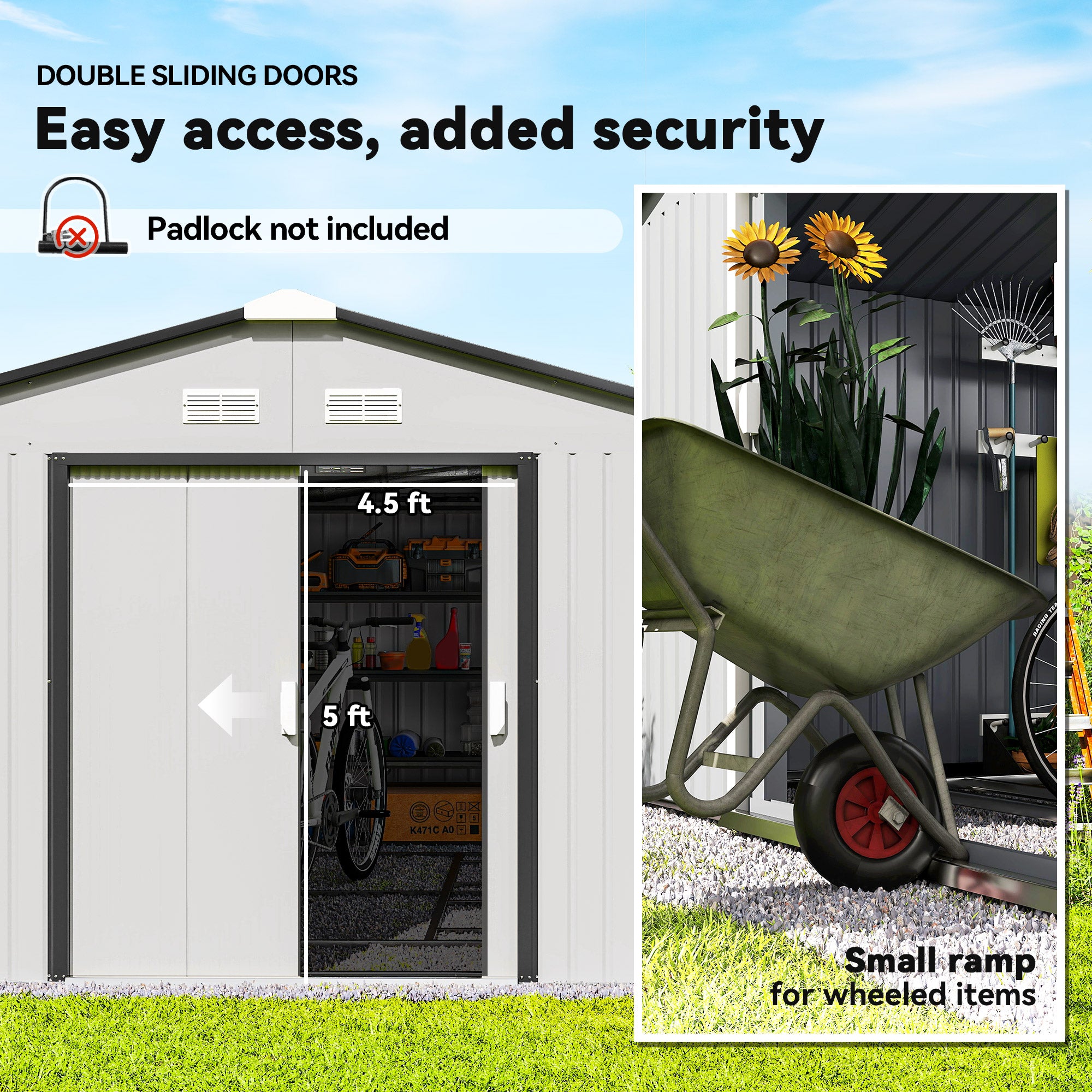 Garden Metal Shed, Storage Shed Utility Storage with Double Locking Doors for Bike, Yard Tools, White