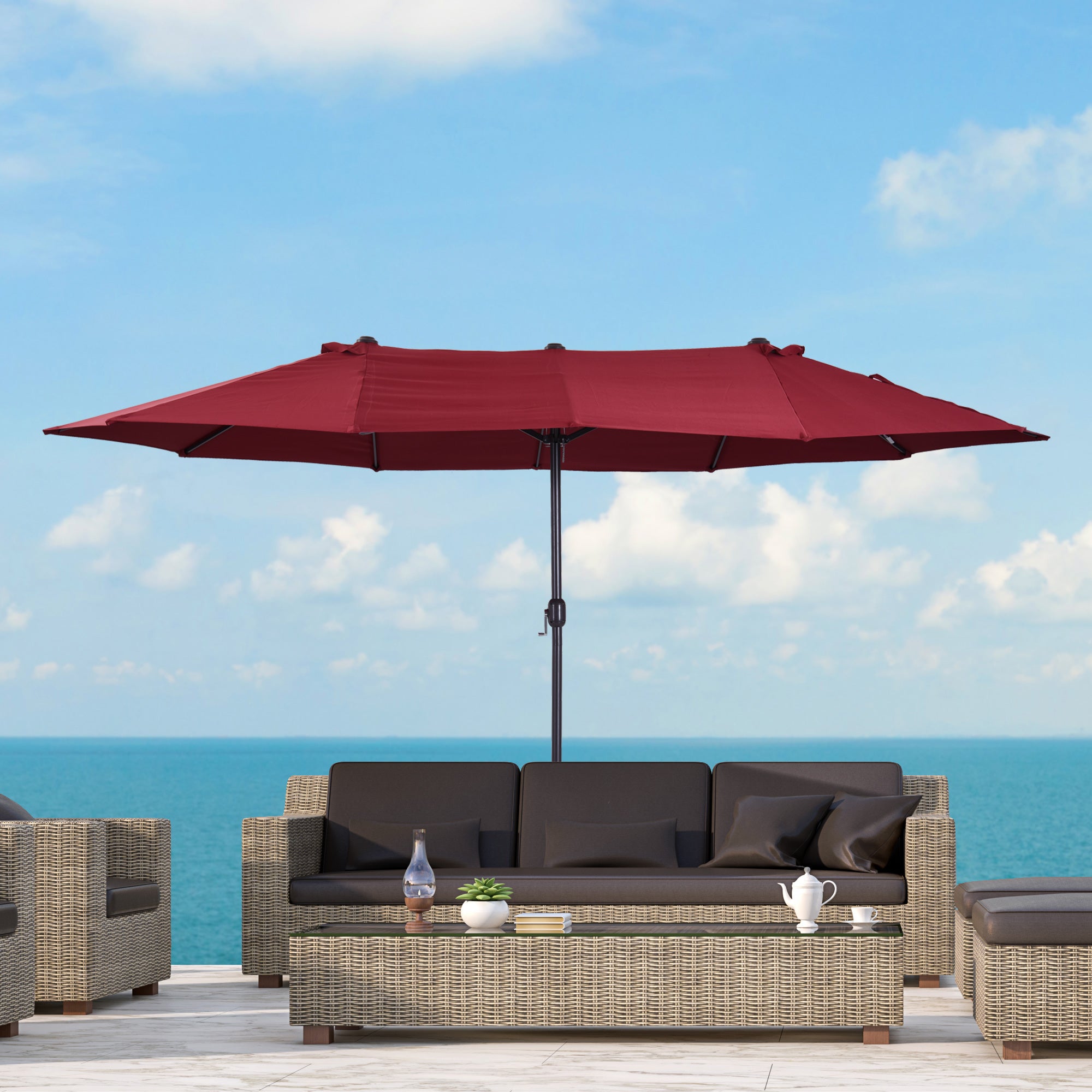 Extra Large 15 ft Patio Umbrella, Double-Sided Wide Outdoor Umbrella with Crank Handle and Air Vents for Backyard, Deck, Pool, Market, Wine Red
