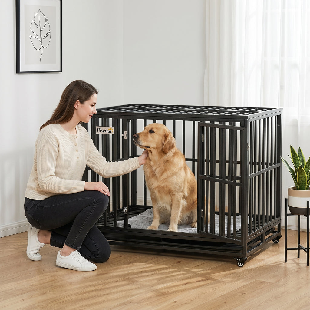 45" Heavy Duty Dog Crate, Escape-Proof Steel Kennel with Wheels, Black