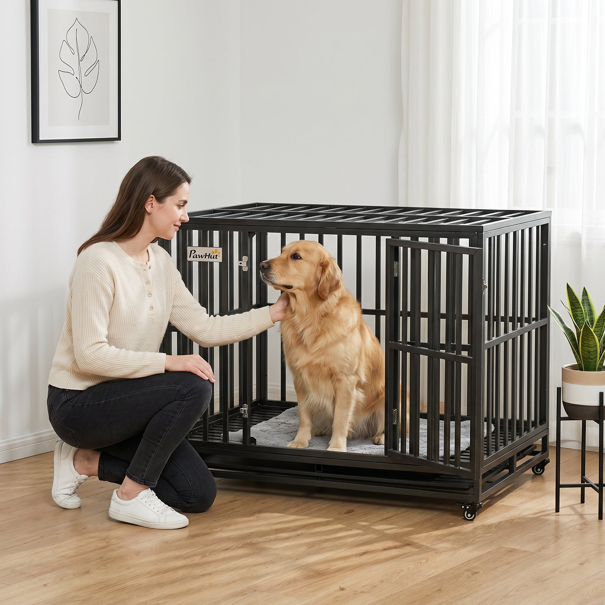 45" Heavy Duty Dog Crate, Escape-Proof Steel Kennel with Wheels, Black