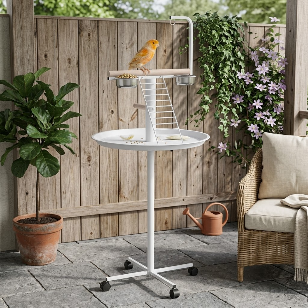 Bird Stand with Wheels, Perches, Feed Bowls, Round Tray for Parrot