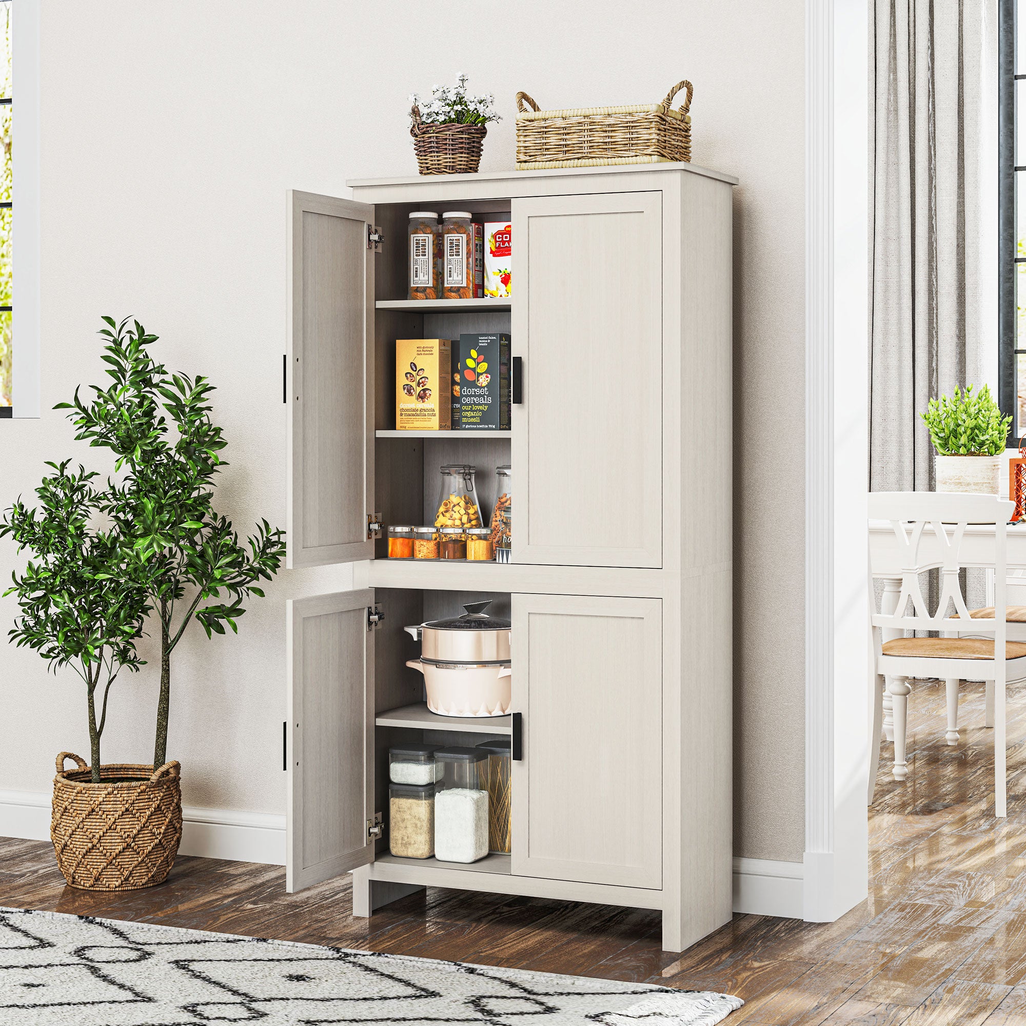 64" 4-Door Kitchen Pantry, Freestanding Storage Cabinet with 3 Adjustable Shelves for Kitchen, Antique White