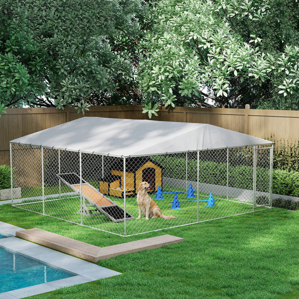 15' x 15' x 7' Dog Kennel Outdoor for Small Medium Large Dogs with Waterproof Roof, Silver